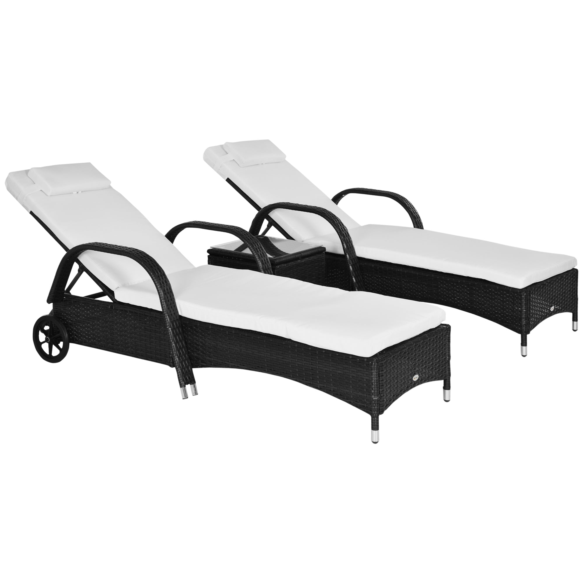 Garden Set with 2 Deck Chairs with Reclining Backrest and Low Table in PE Rattan, Black