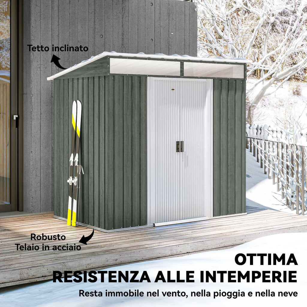 Outsunny Garden Shed with Sliding Doors and Steel Flooring, 195x122x181.5 cm, Light Grey