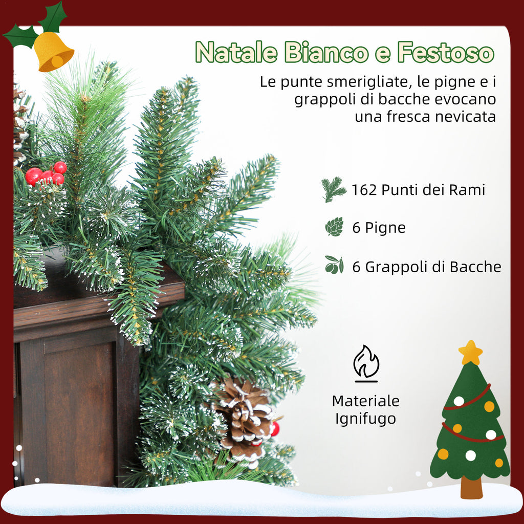 180cm Christmas Garland with Snow-Covered Branches and 30 White Lights, Pine Cones and Berries for Indoors