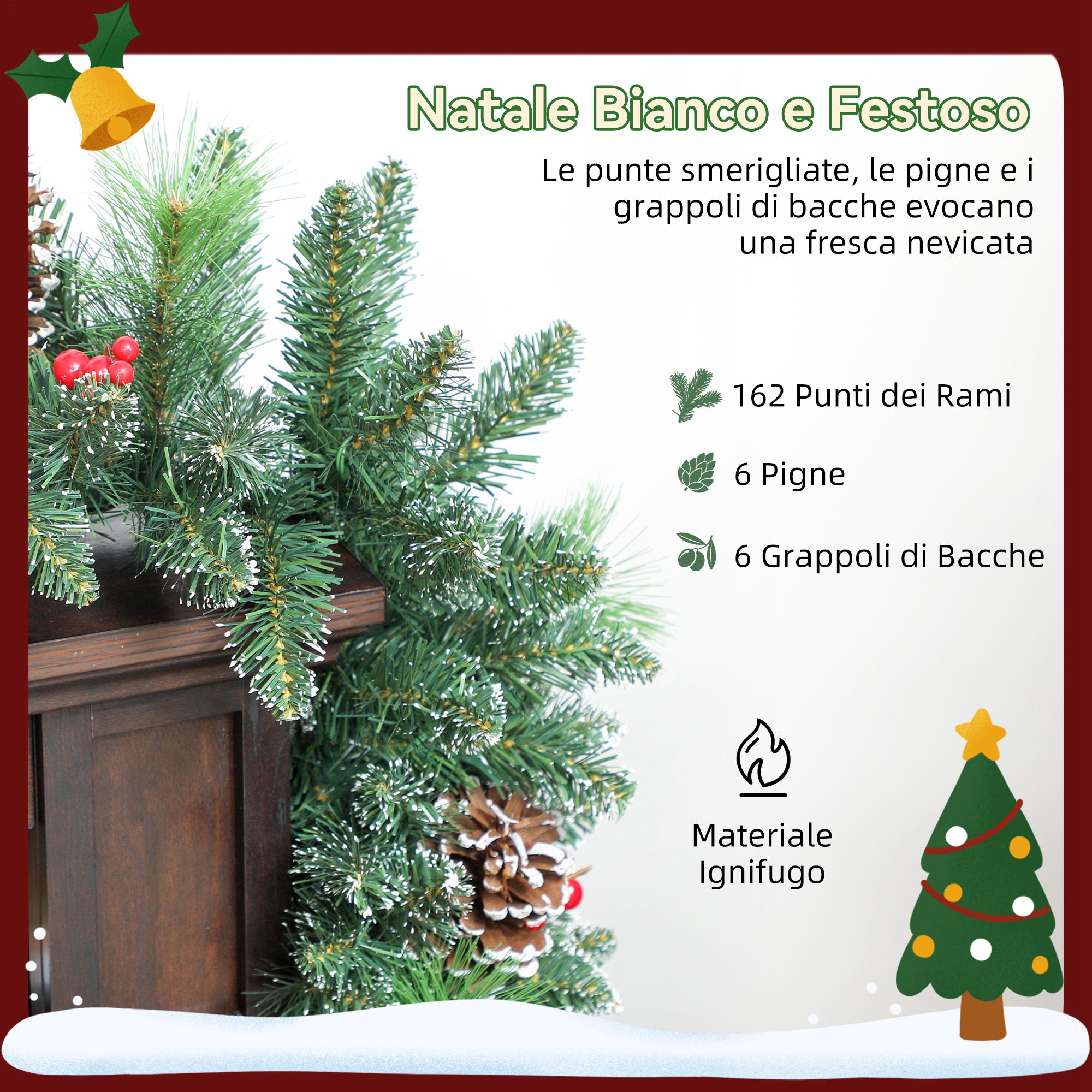 180cm Christmas Garland with Snow-Covered Branches and 30 White Lights, Pine Cones and Berries for Indoors