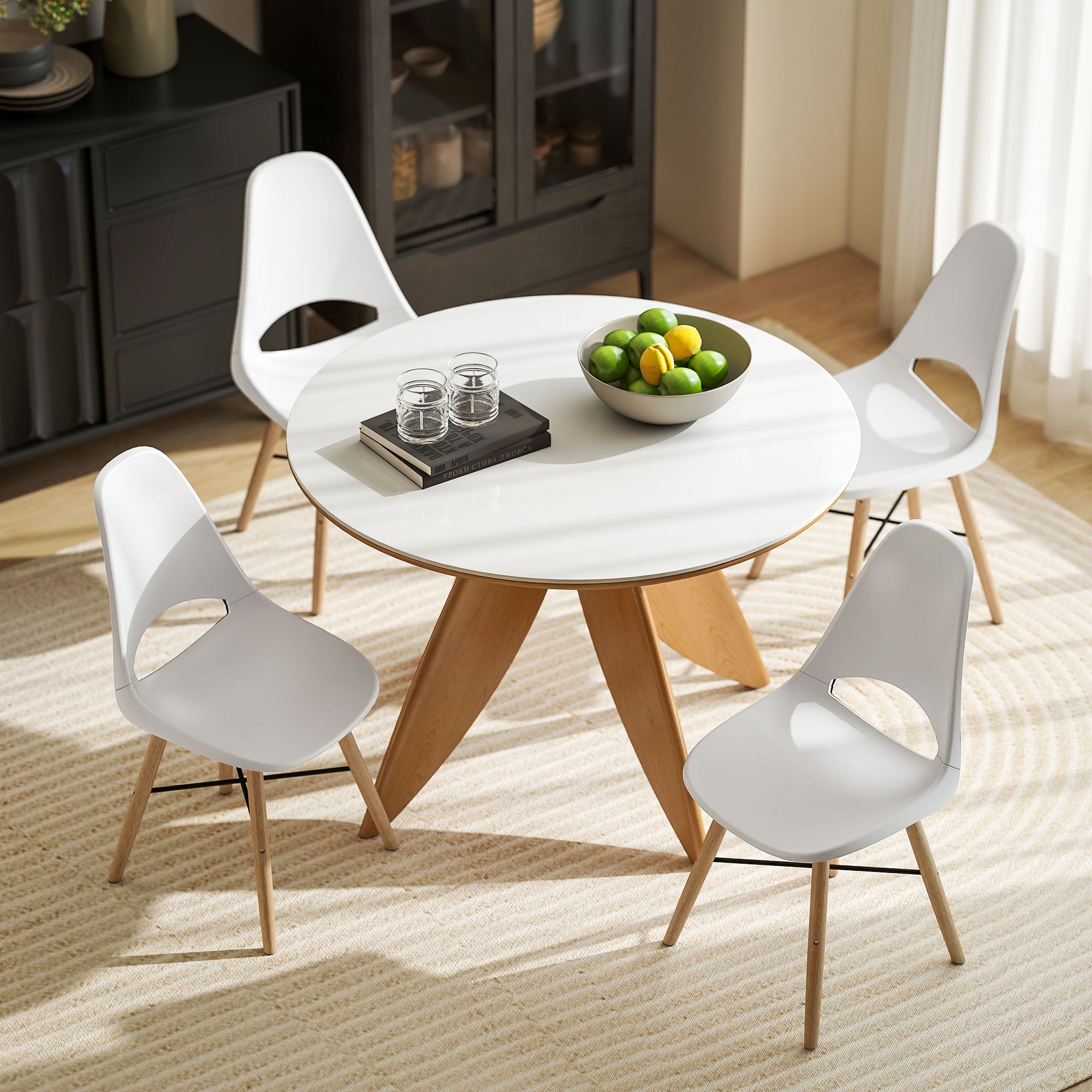 Set of 2 Nordic Style Plastic and Wood Dining Chairs with Curved Backrest, White
