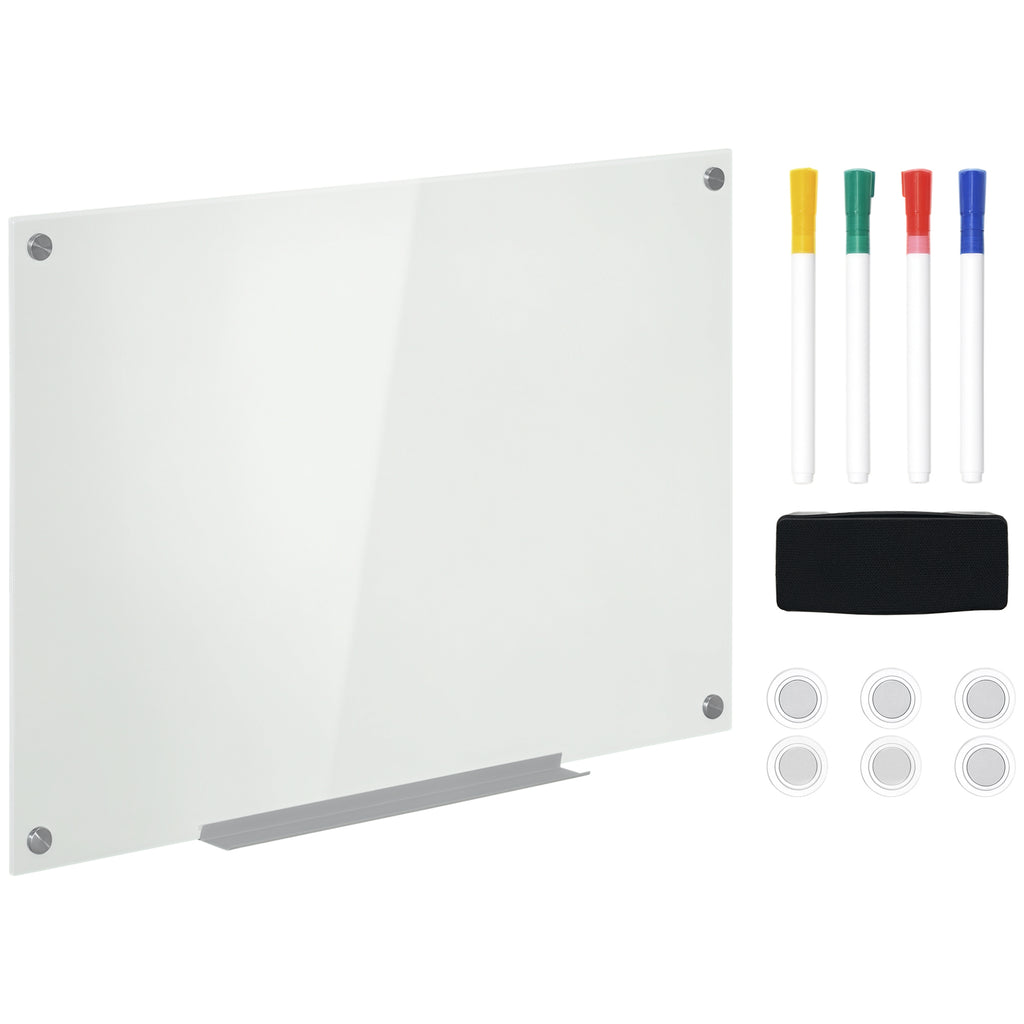 Glass and Aluminum Whiteboard with 4 Colored Markers and Eraser, 90x60x0.4 cm