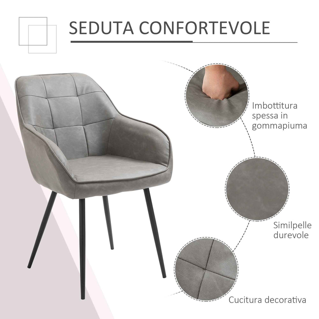 Industrial Style Dining Chair with Backrest, Modern Living Room Chair in Faux Leather and Black Metal, 61x58x84 cm, Grey