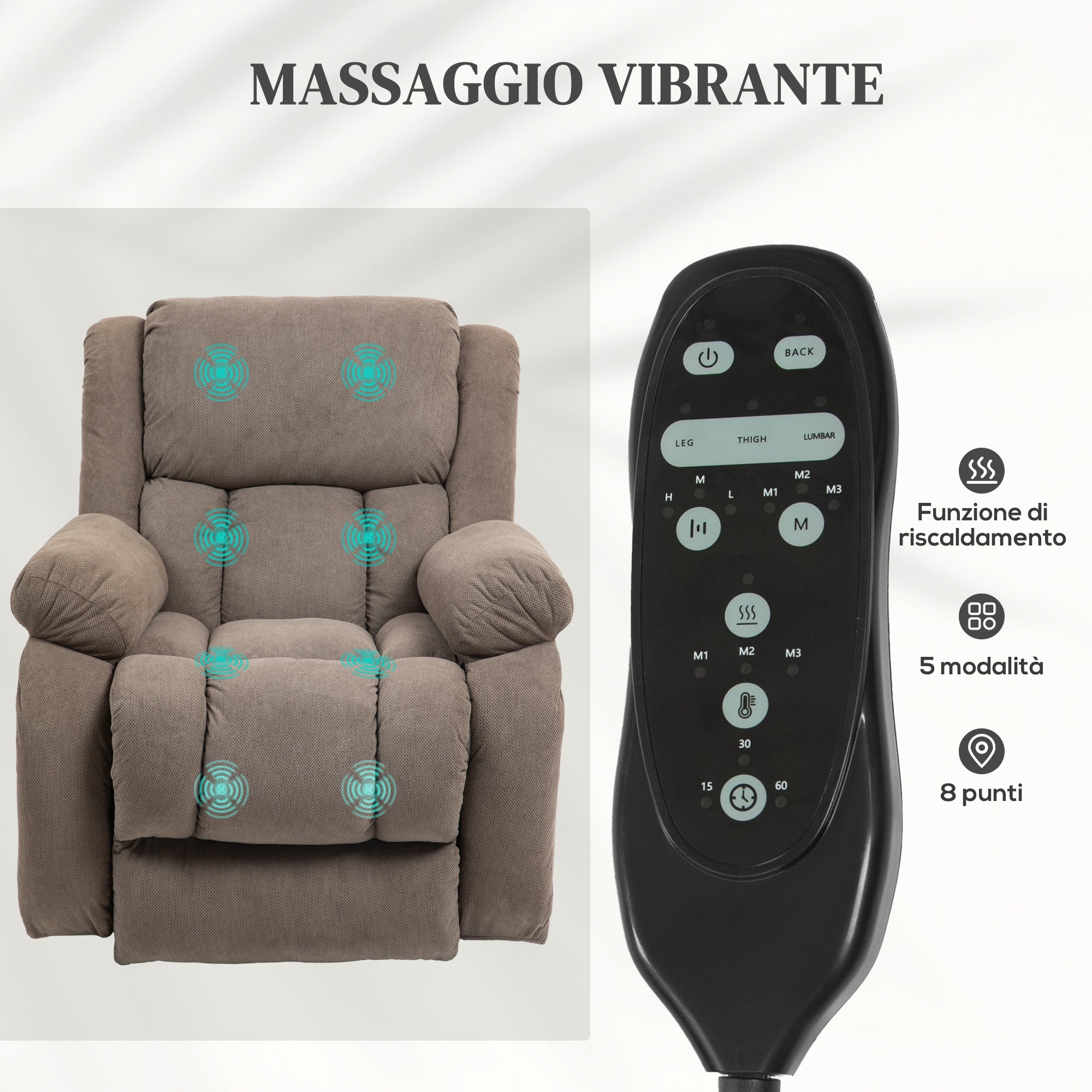 Lift Massage Reclining Chair with 2 Pockets and Remote Control, 93x104x105 cm, Light Brown 5