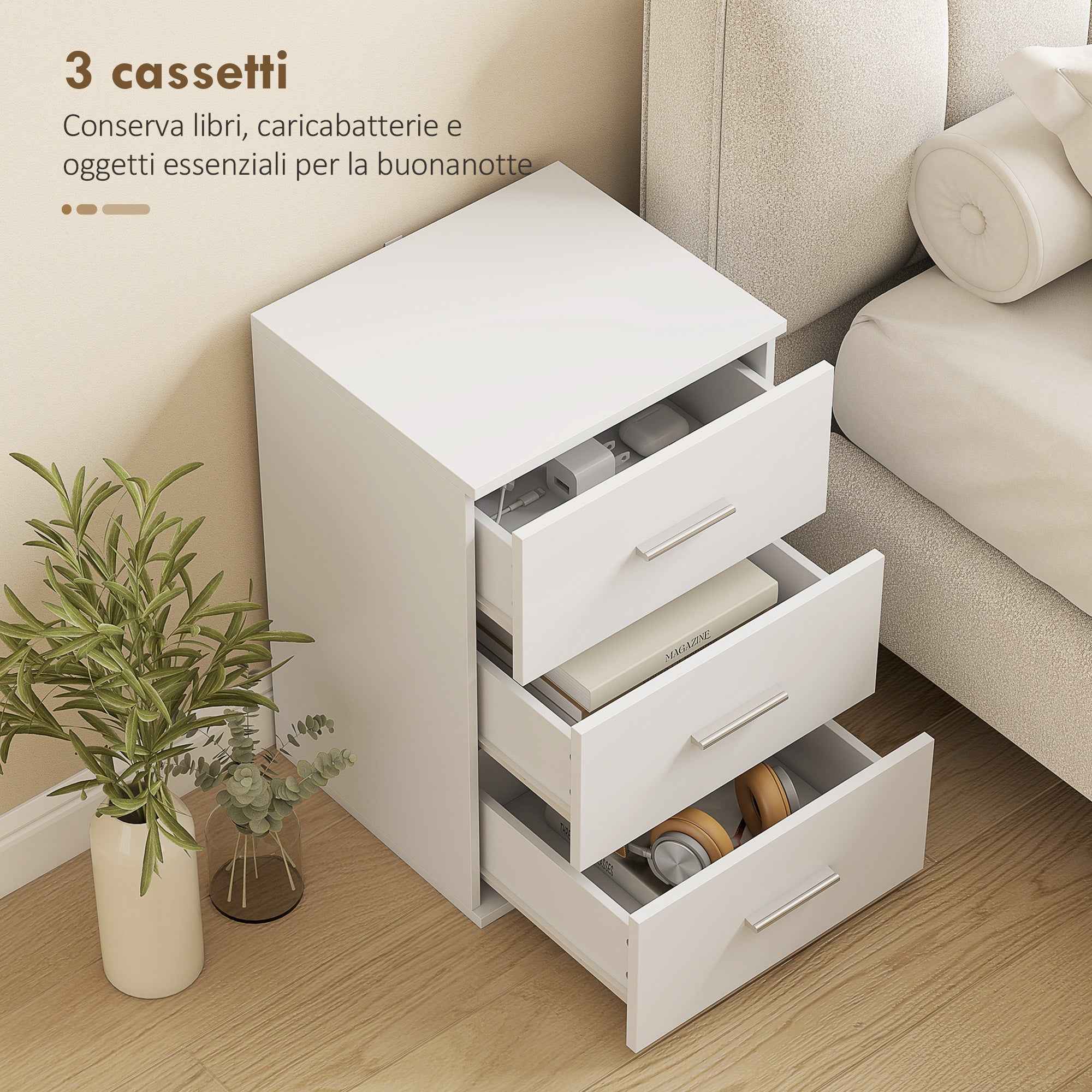 HOMCOM Modern and Multipurpose Bedside Table with 3 Drawers for Bedroom and Living Room, 40x35x60 cm, White