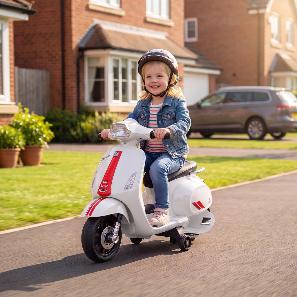 AIYAPLAY Kids Electric Motorcycle with Vespa License, 6V Rechargeable Battery, Wheels and Lights, Ages 2-4 Years, White