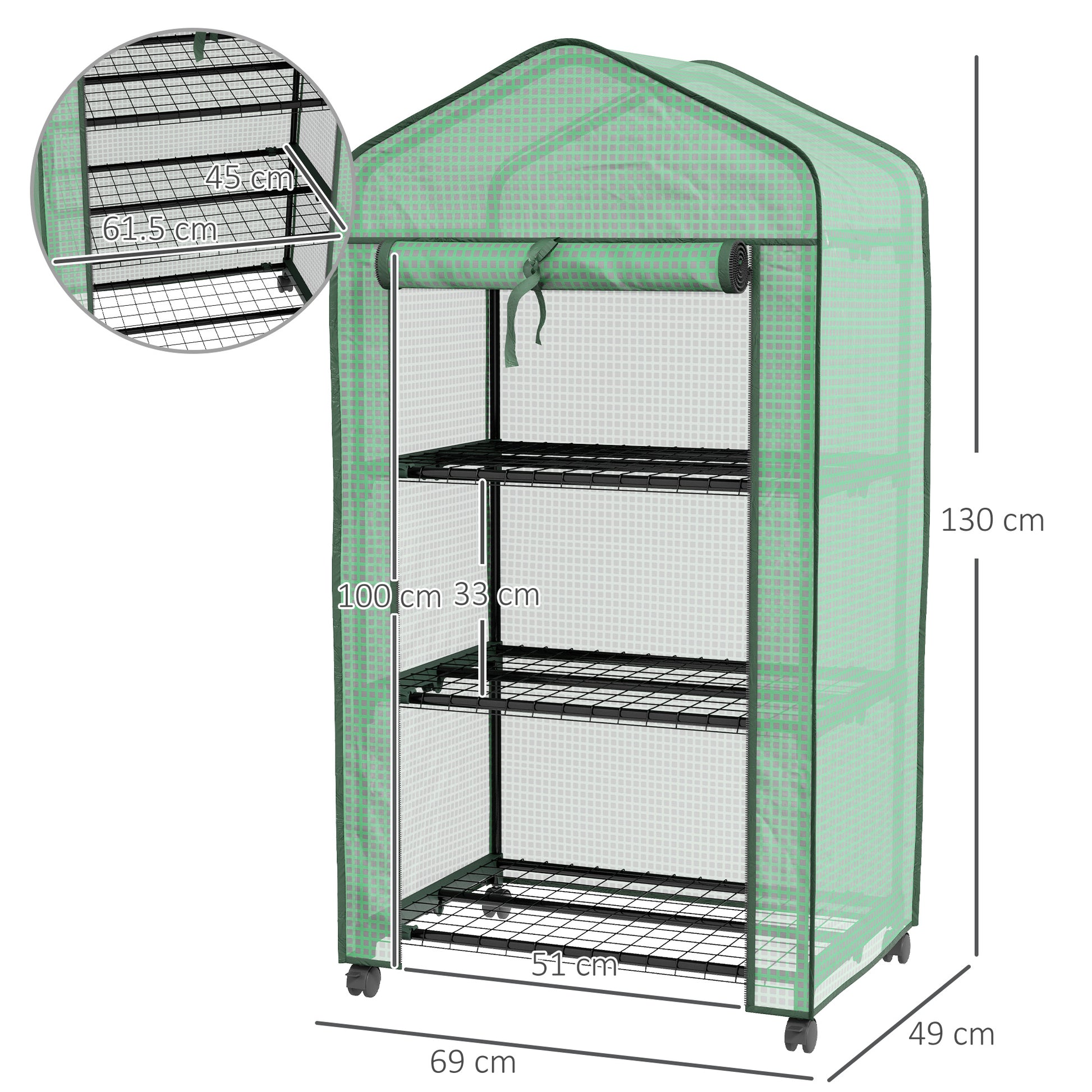 Outsunny Mini Garden Greenhouse with PE Cover, 3 Shelves and Wheels, 69x49x130cm, Green - Borgè