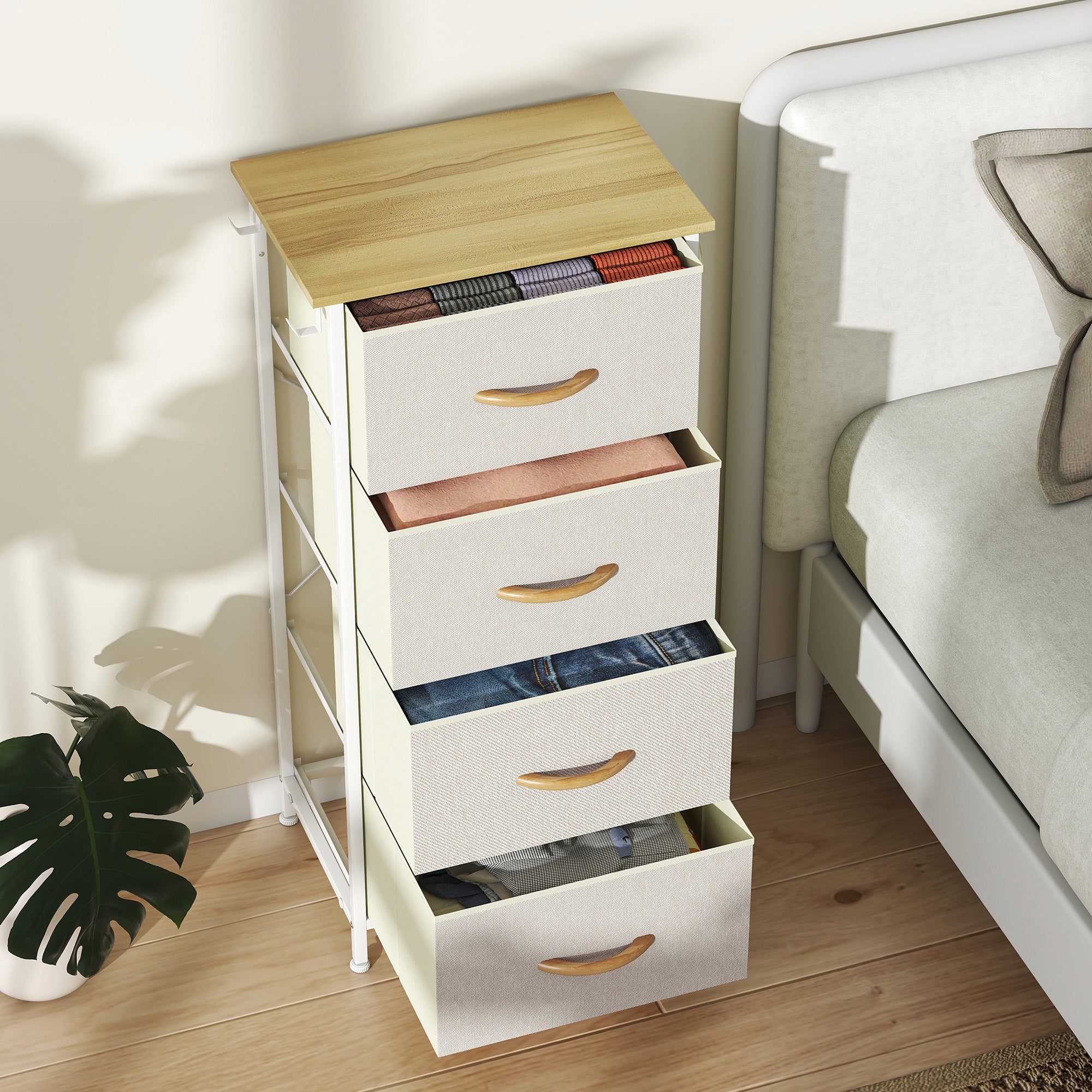 4-Drawer Folding Chest with 4 Pockets and 2 Hooks, Made of Wood, Steel and Fabric, 45x30x94.5 cm