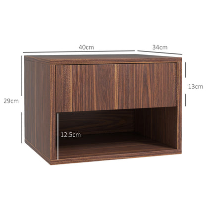 Set of 2 Hanging Bedside Tables with Drawer and Open Lower Shelf, Wooden, 40x34x29 cm, Brown