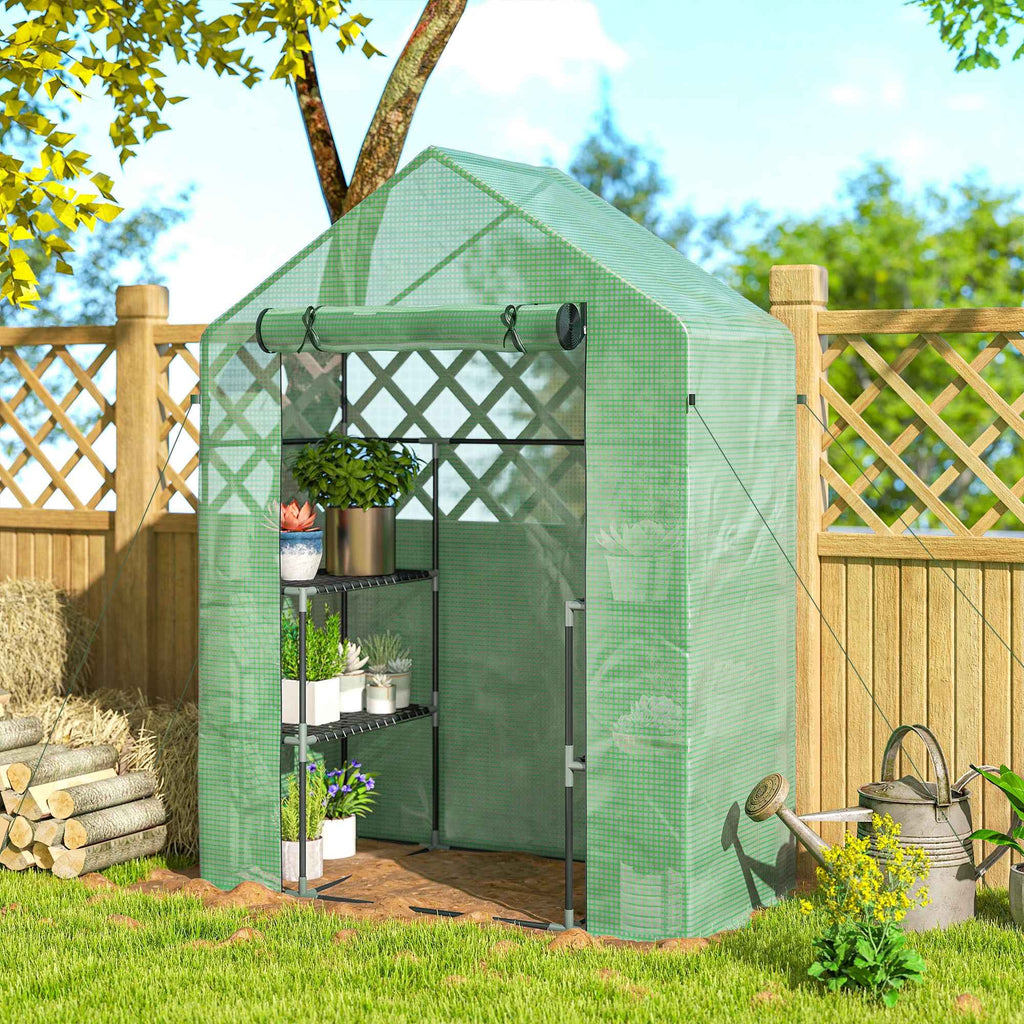Outsunny Garden Greenhouse with 2 Shelves, 3 Levels, and Zip Entrance, Steel and PE, 142x73x195 cm, Green