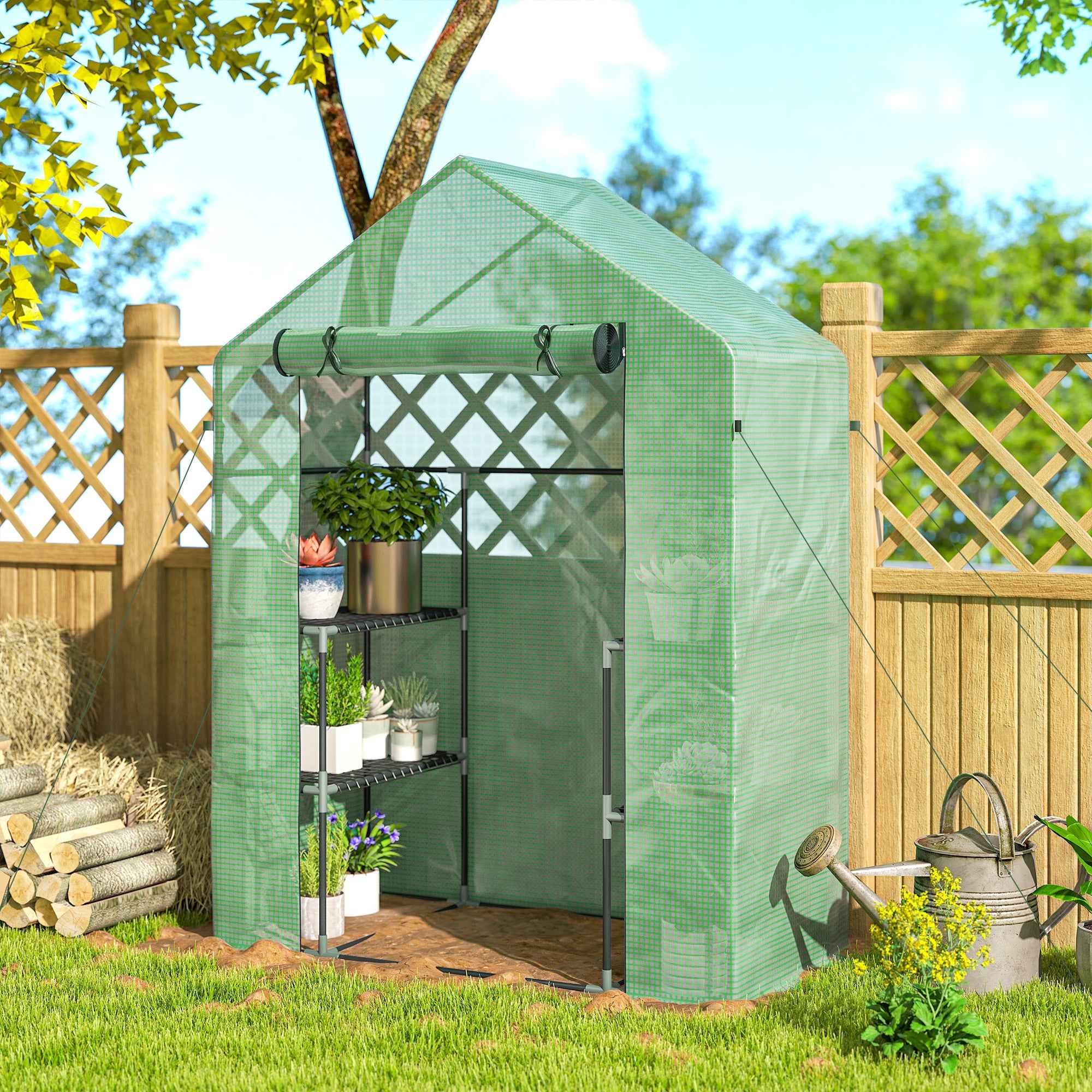 Outsunny Garden Greenhouse with 2 Shelves, 3 Levels, and Zip Entrance, Steel and PE, 142x73x195 cm, Green