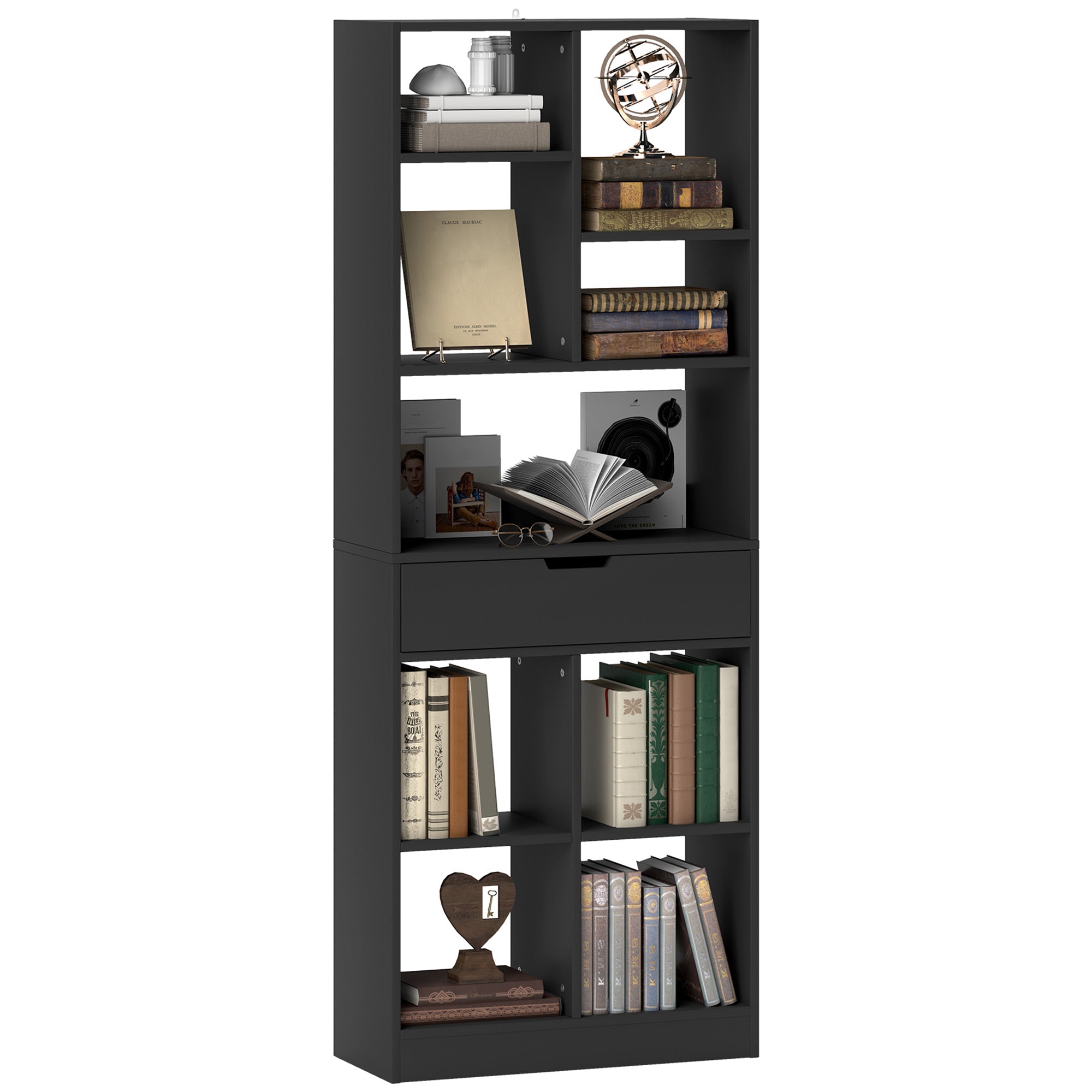 Modern Wooden Bookcase with Central Drawer and Anti-Tip Kit, 60x26x158 cm, Black