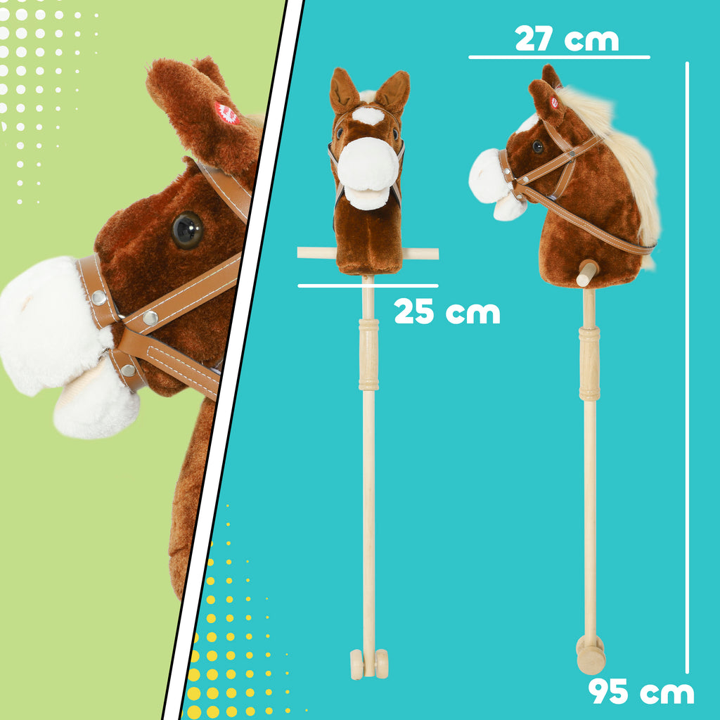 Horse with Stick and Realistic Sounds for Children 24+ Months, in Polyester and Wood, 95x25x27 cm, Brown