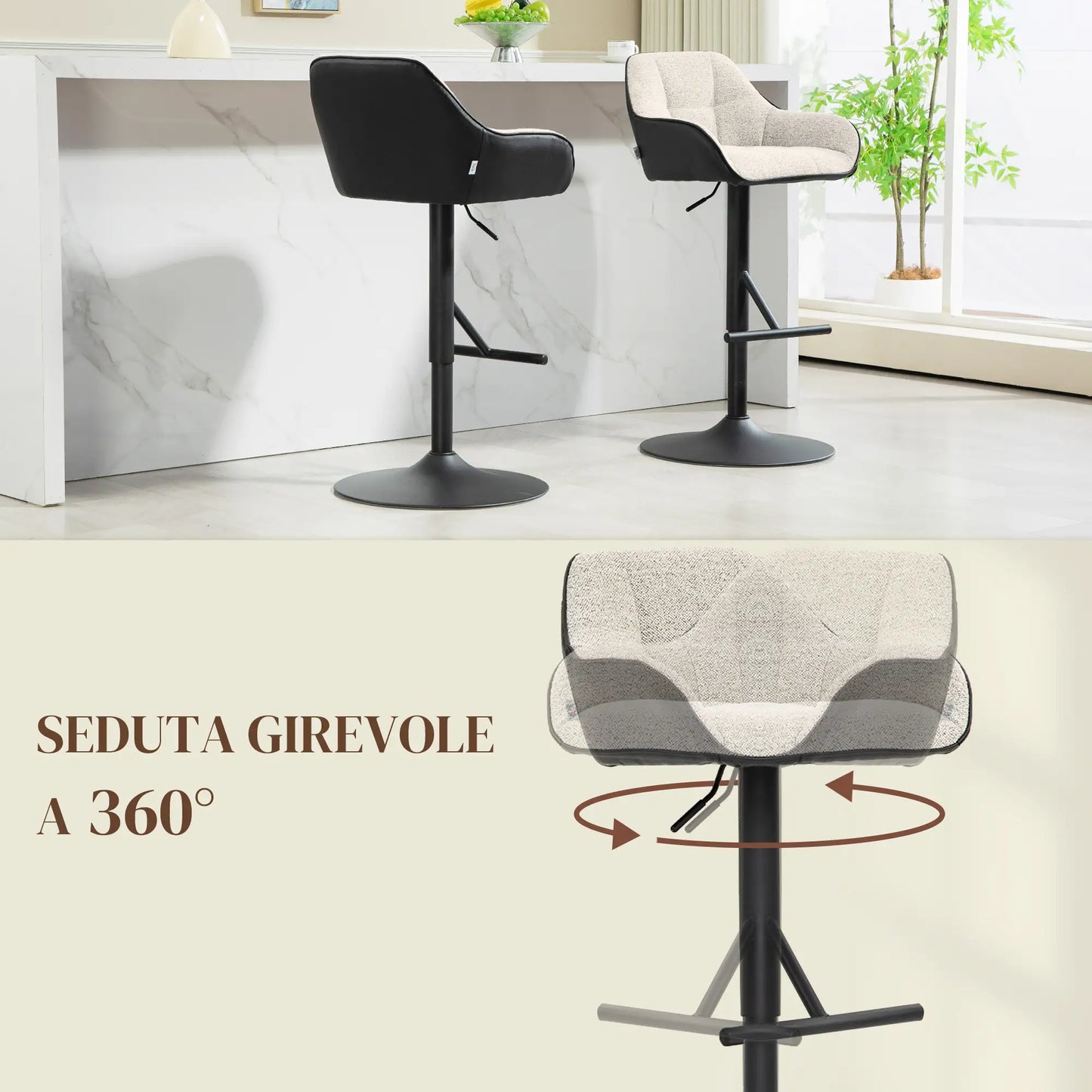 Set of 2 Height Adjustable Padded Stools with Backrest and Armrests, 52.5x53x86.5-108 cm, Black Light Grey