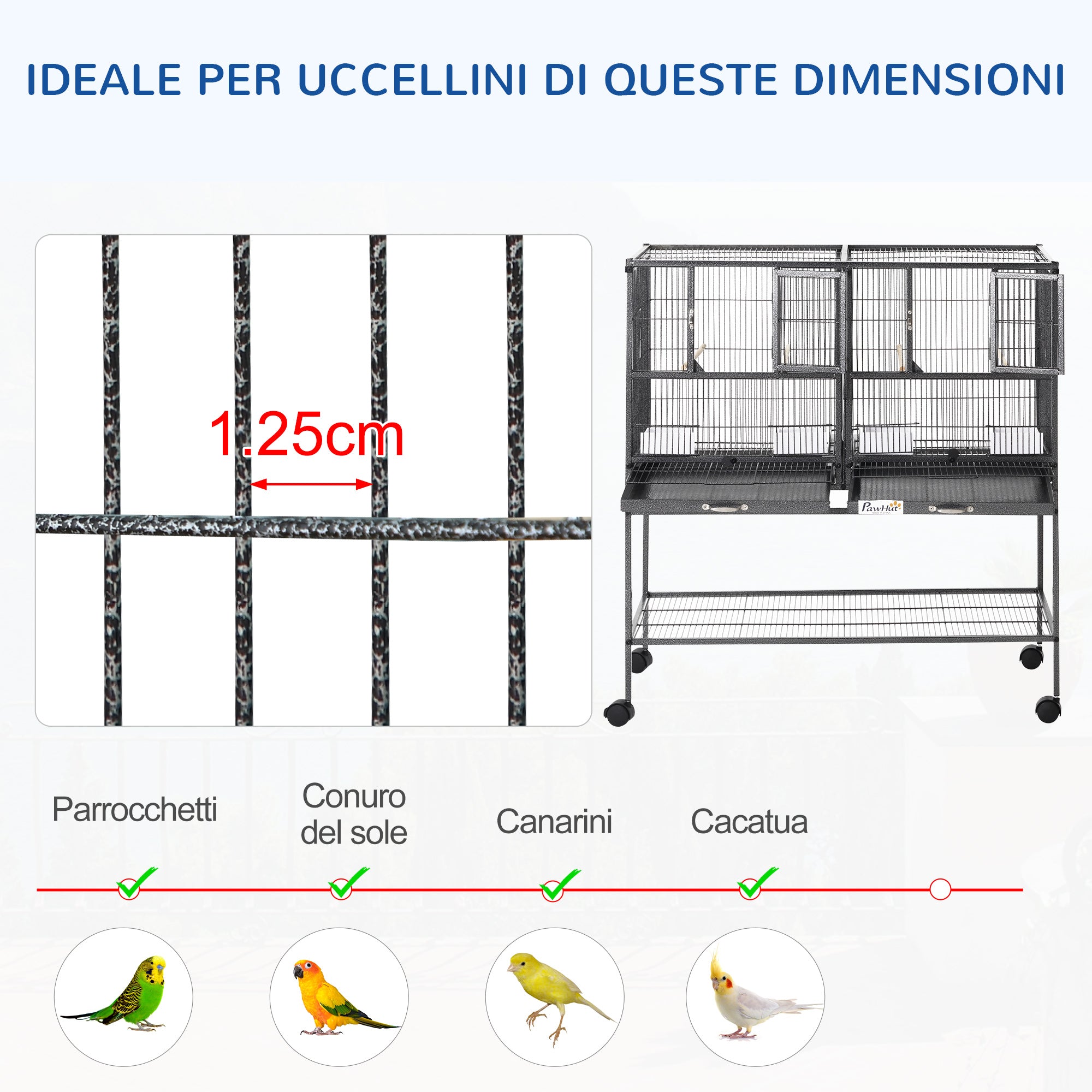 PawHut Double Metal Bird Cage with Removable Trays, Stand with 4 Wheels and Shelf, 95x45.5x102cm, Gray - Borgè