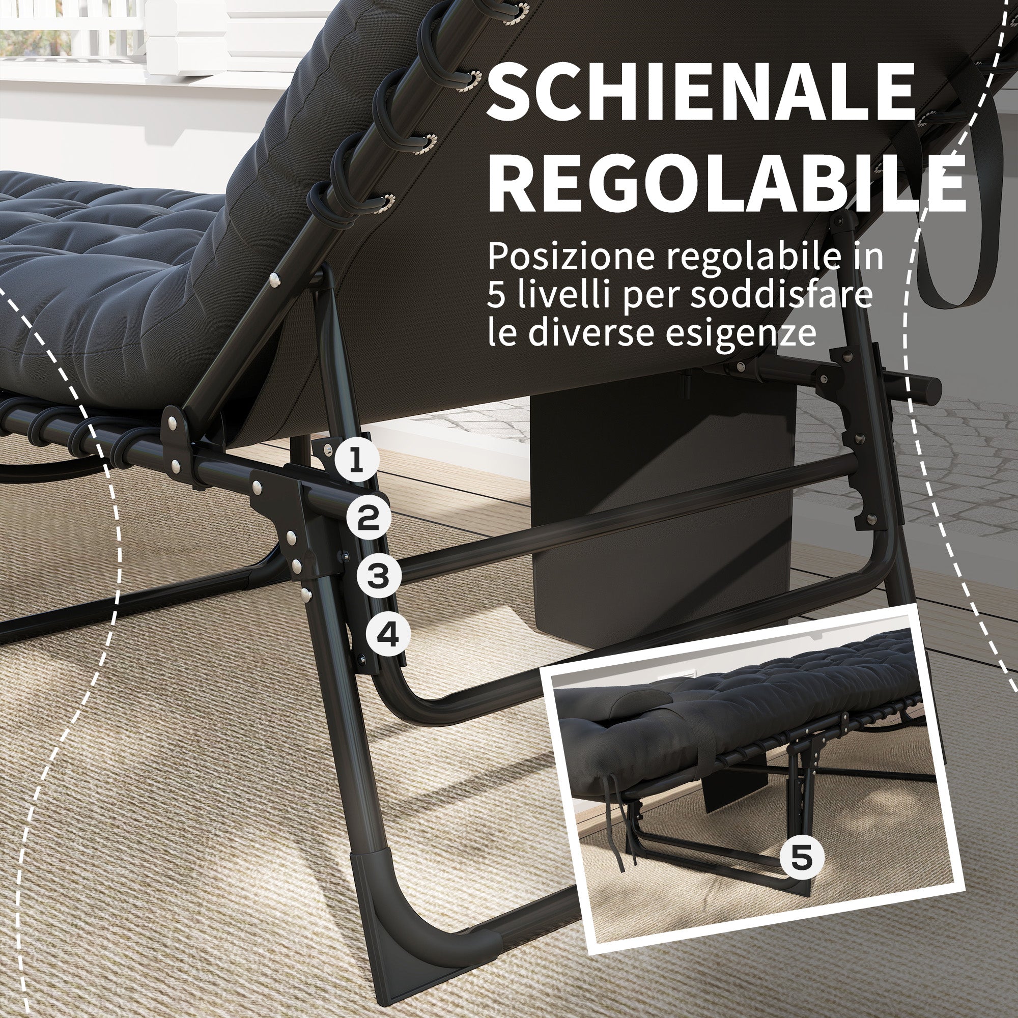 Outsunny Folding Sun Lounger with Cushion, Headrest and Side Pocket, 58x189x32.5 cm, Black