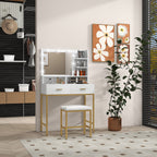 Vanity Makeup Table with Mirror, 2 Drawers, 5 Shelves and Stool, in MDF and Chipboard, 80x40x138 cm, White - Borgè