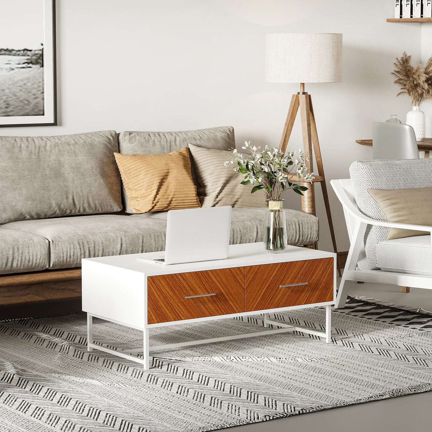 Coffee Table with 2 Drawers and Open Compartment in Wood and Metal, 100x50x40cm, White and Brown