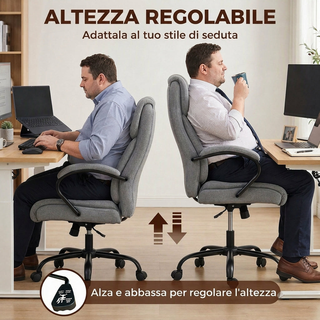 Vinsetto Ergonomic Office Chair in Linen-Effect Fabric, 220kg Load Capacity, Swivel, Height-Adjustable, Light Grey