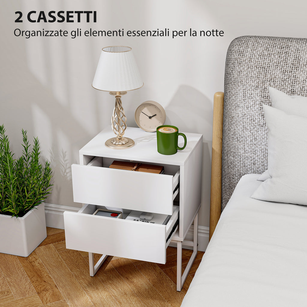 Modern 2-Drawer Bedside Table with Push-Opening, MDF and Steel, 40x30x50 cm, White