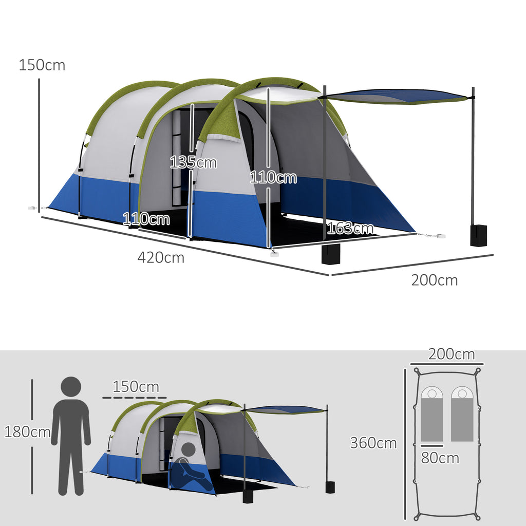 Waterproof Camping Tent with 2 Areas and 3 Entrances, Polyester and Fiberglass, 420x200x150 cm, Green