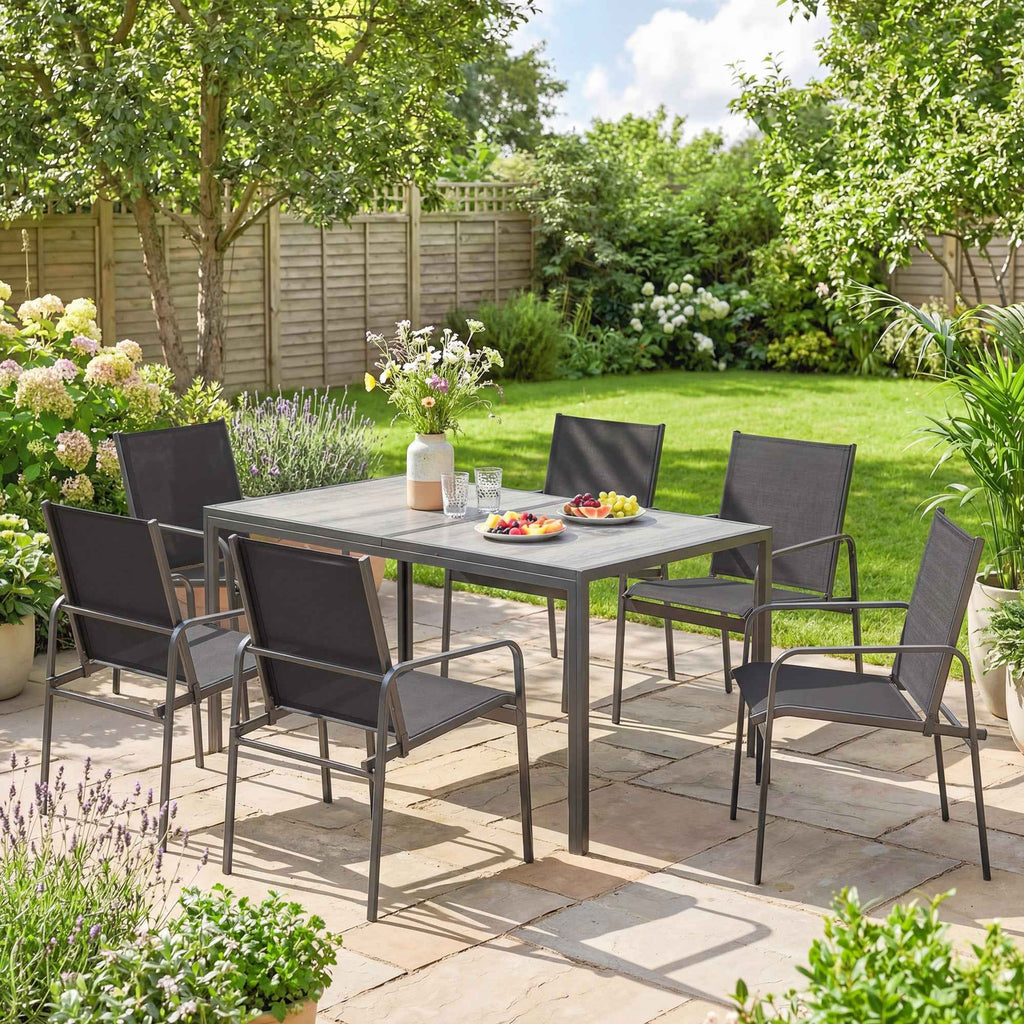 Outsunny Garden Set with Table and 6 Dining Chairs with Steel Armrests, Black