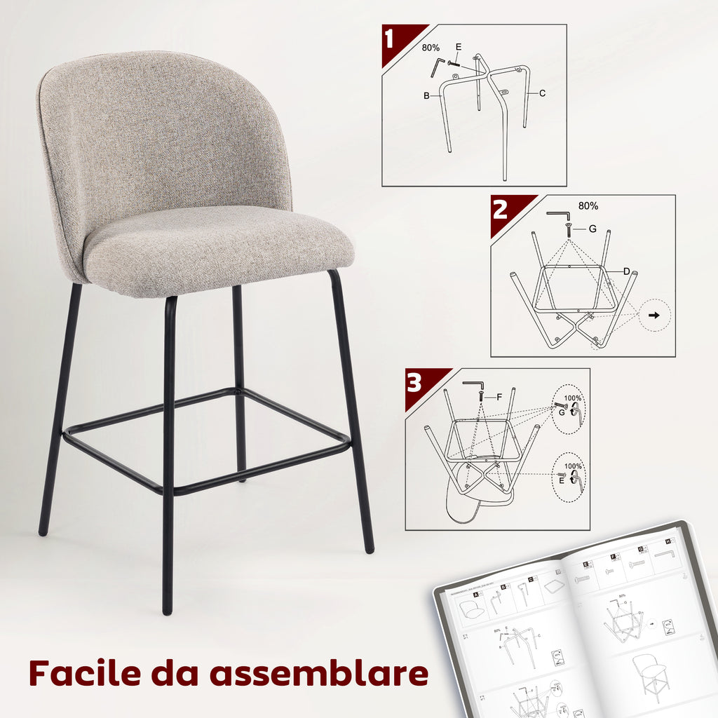 Set of 2 Bar Stools with Backrest and Footrest, Fabric Upholstery and Steel Legs, Grey