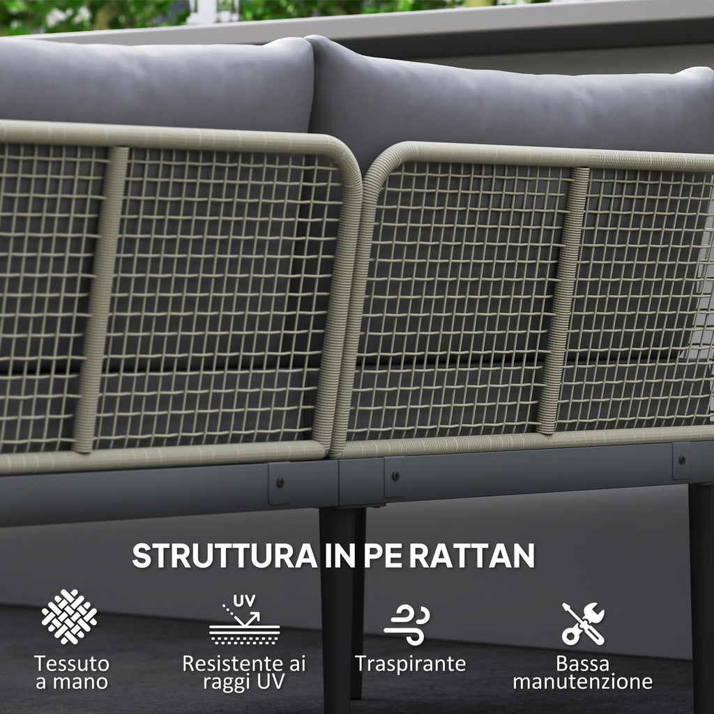 3 Piece Outdoor Set with 2 2-Seater Sofas and Coffee Table, in Rattan and Steel Grey and Wood Color