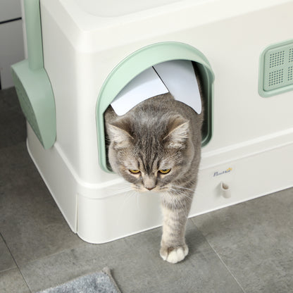 Cat Litter Box Covered with Deodorants, Tray and Scoop, in ABS and PP, 50x40x40 cm, Green and White