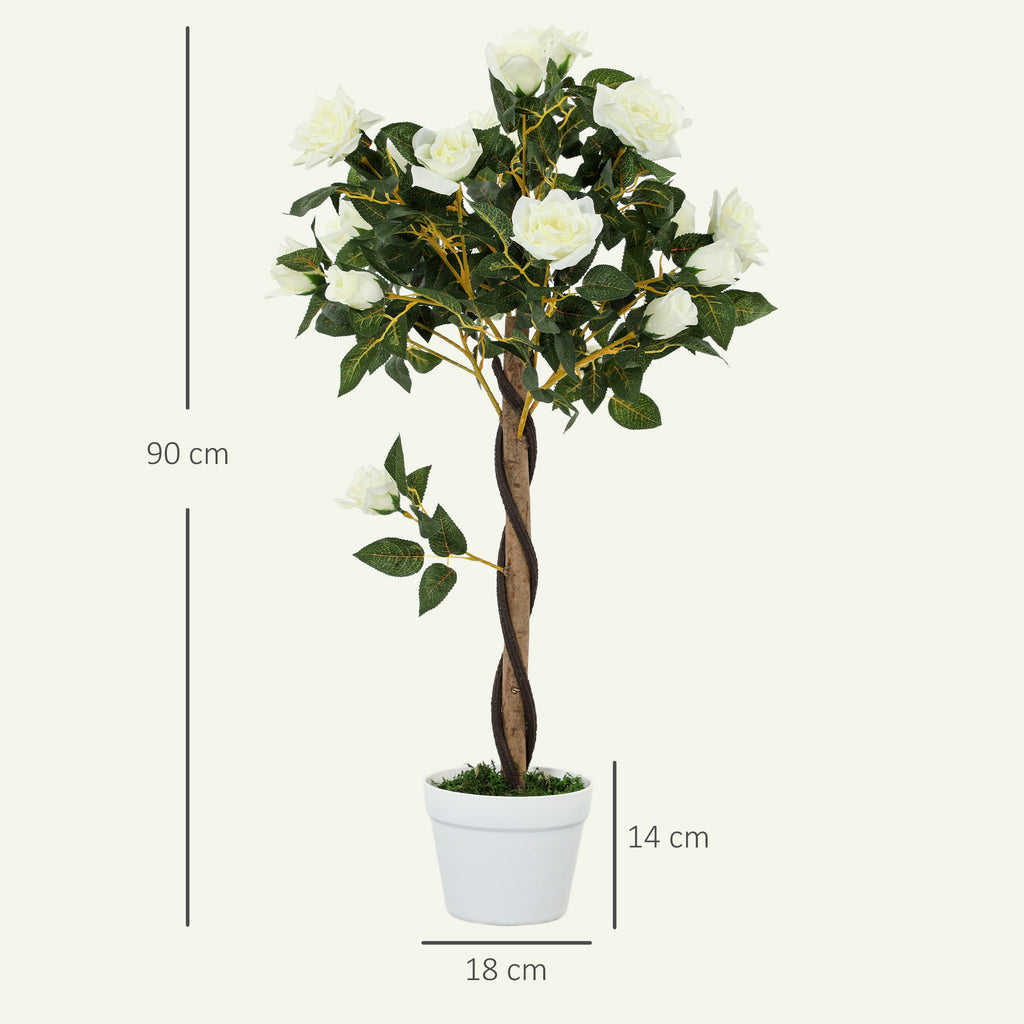 Outsunny 21-Flower Fake Rose Plant with Cement and Moss-Filled Pot, Ø18x90 cm, White