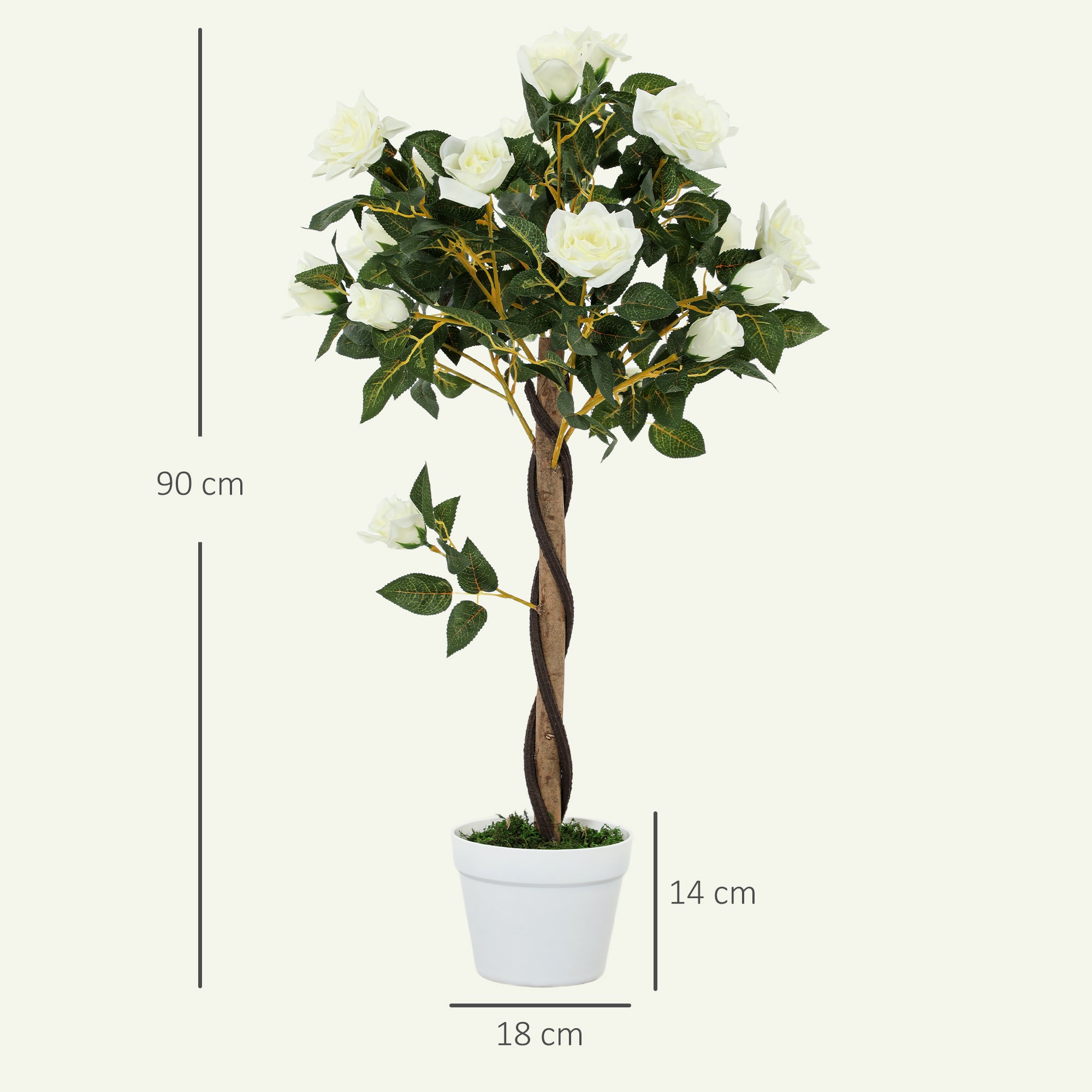 Outsunny 21-Flower Fake Rose Plant with Cement and Moss-Filled Pot, Ø18x90 cm, White