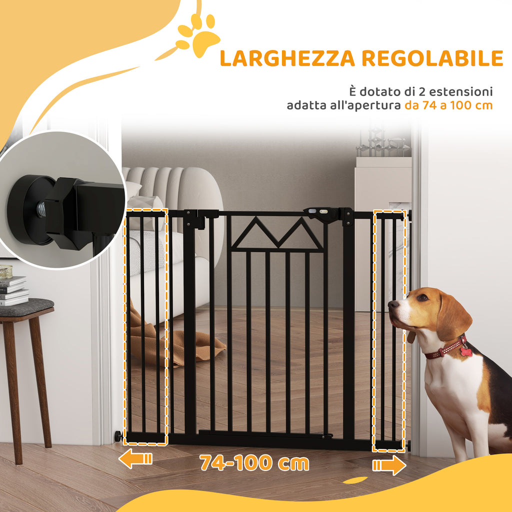 Dog Gate with 4 Adjustable Screws and Adhesive Tape, Metal and Plastic, 74-100x76 cm, Black
