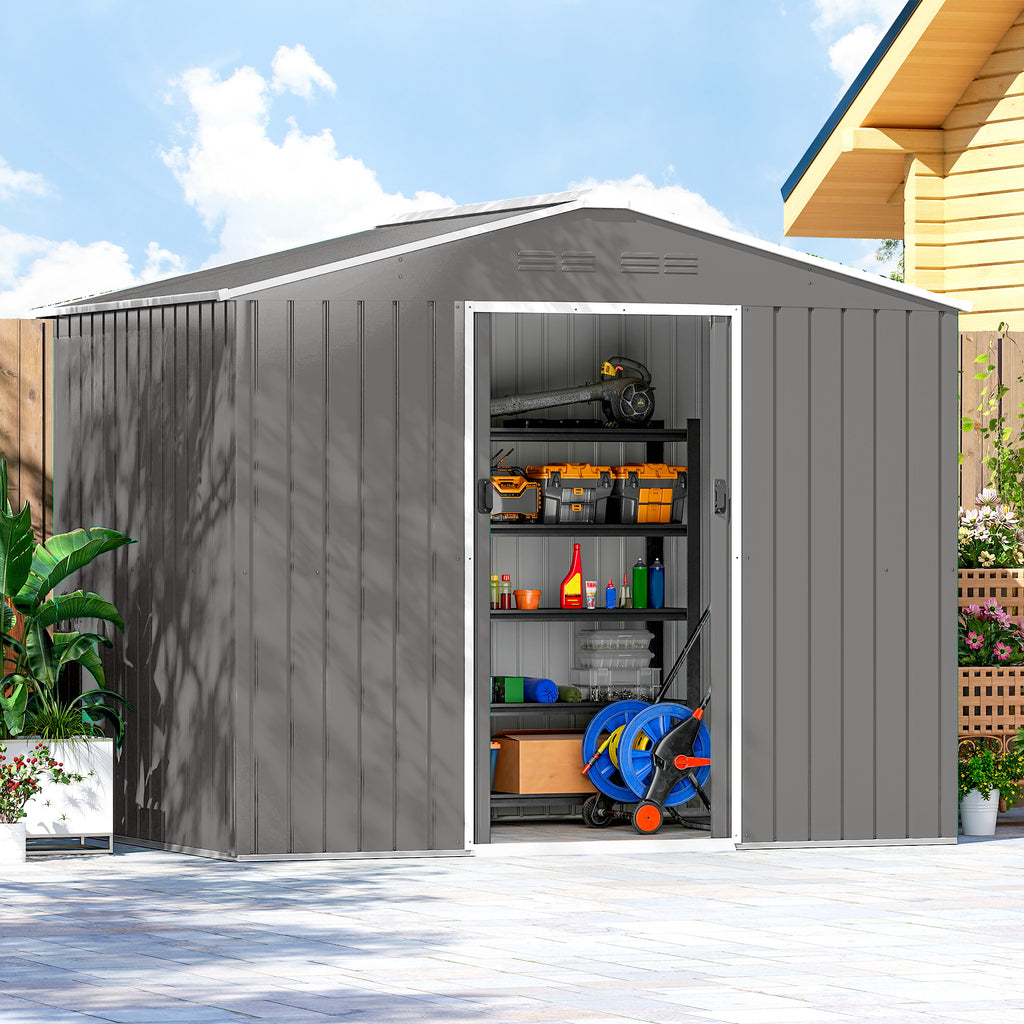 Outsunny 2.3x1.7 m Steel Garden Shed with Air Vents and Double Sliding Door, Wood Effect
