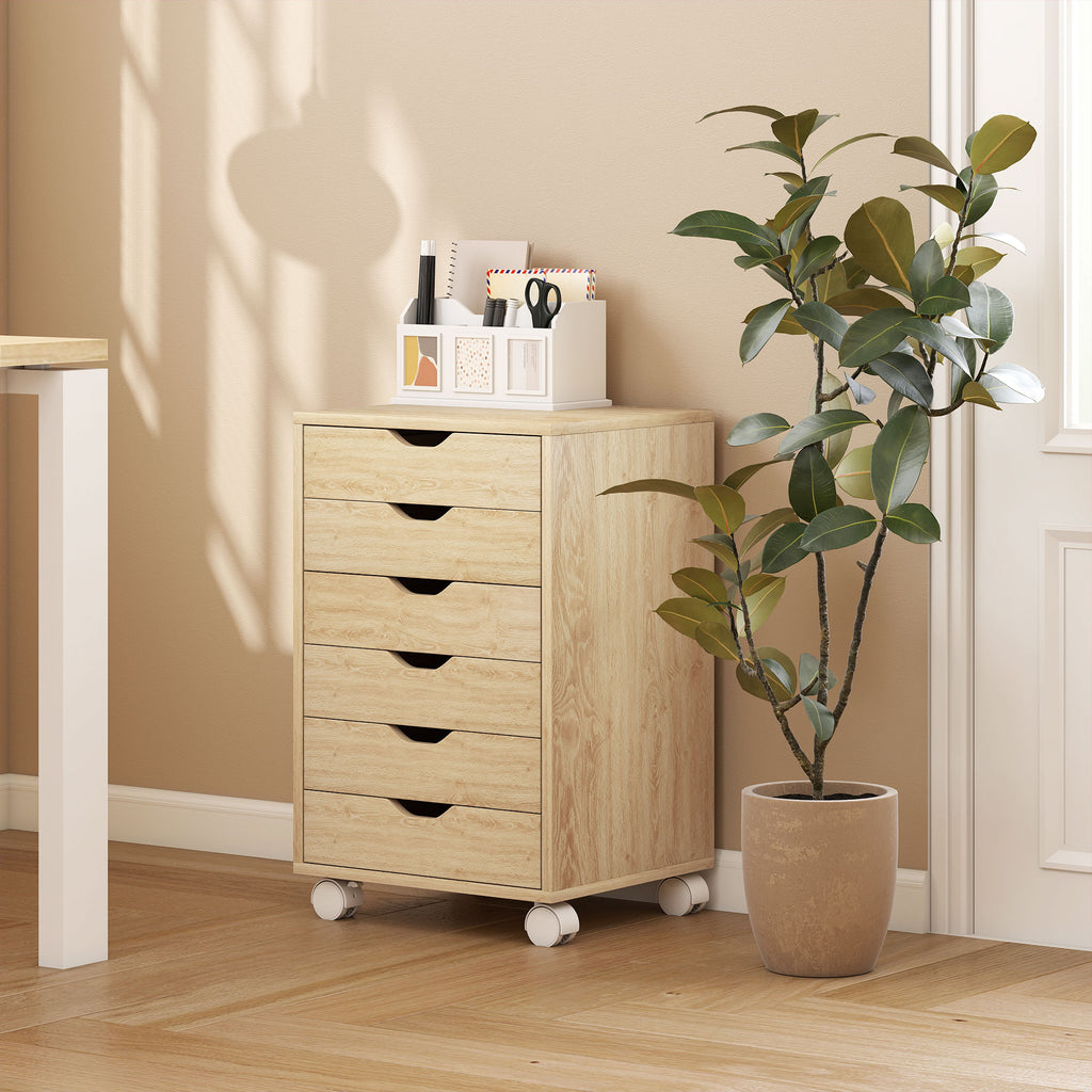 HOMCOM 6-Drawer Office Chest with 4 Wheels and Lock, 40x35x63 cm, Oak