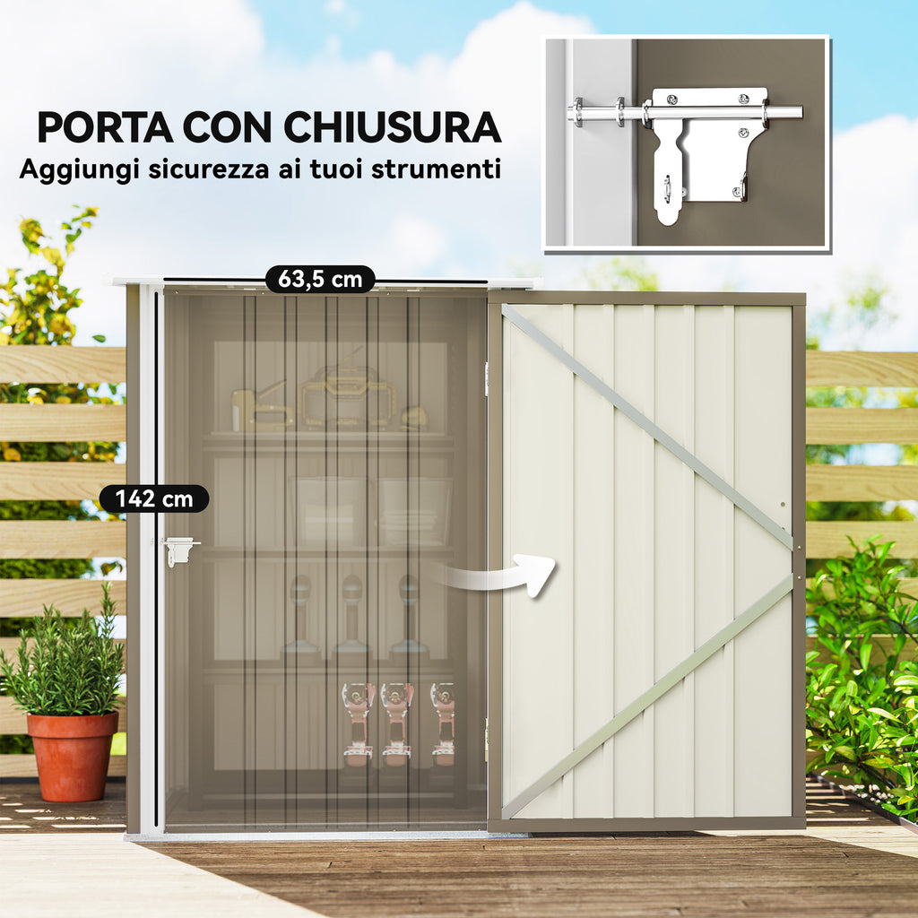 Outsunny Galvanized Steel Garden Shed with Door, 100x104x160 cm, Brown and White