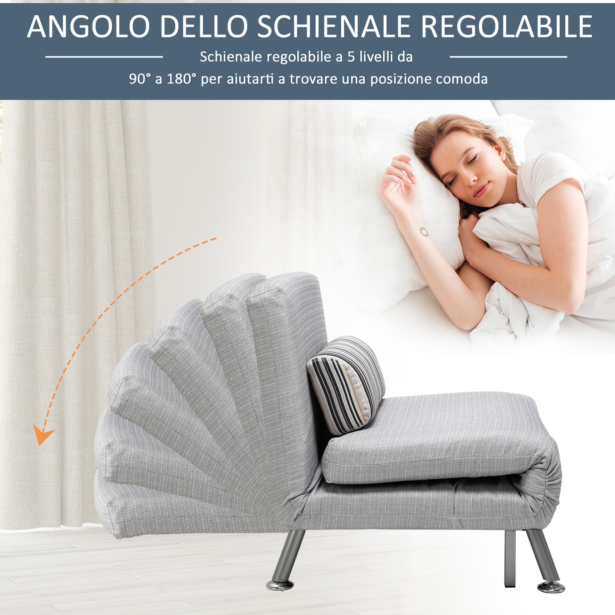 HOMCOM Armchair Bed in Iron and Cotton with Striped Cushion 75 x 70 x 75cm Gray - Borgè