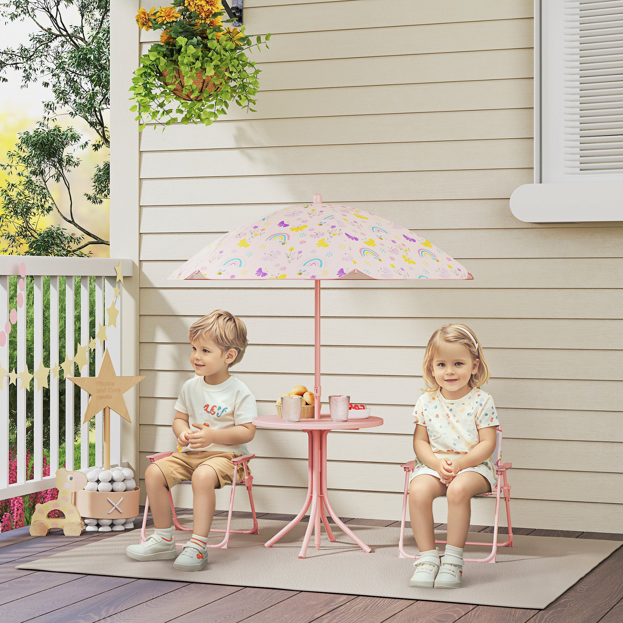 Garden Set for Children 2-5 Years with Round Table, 2 Folding Chairs and a Umbrella, Pink