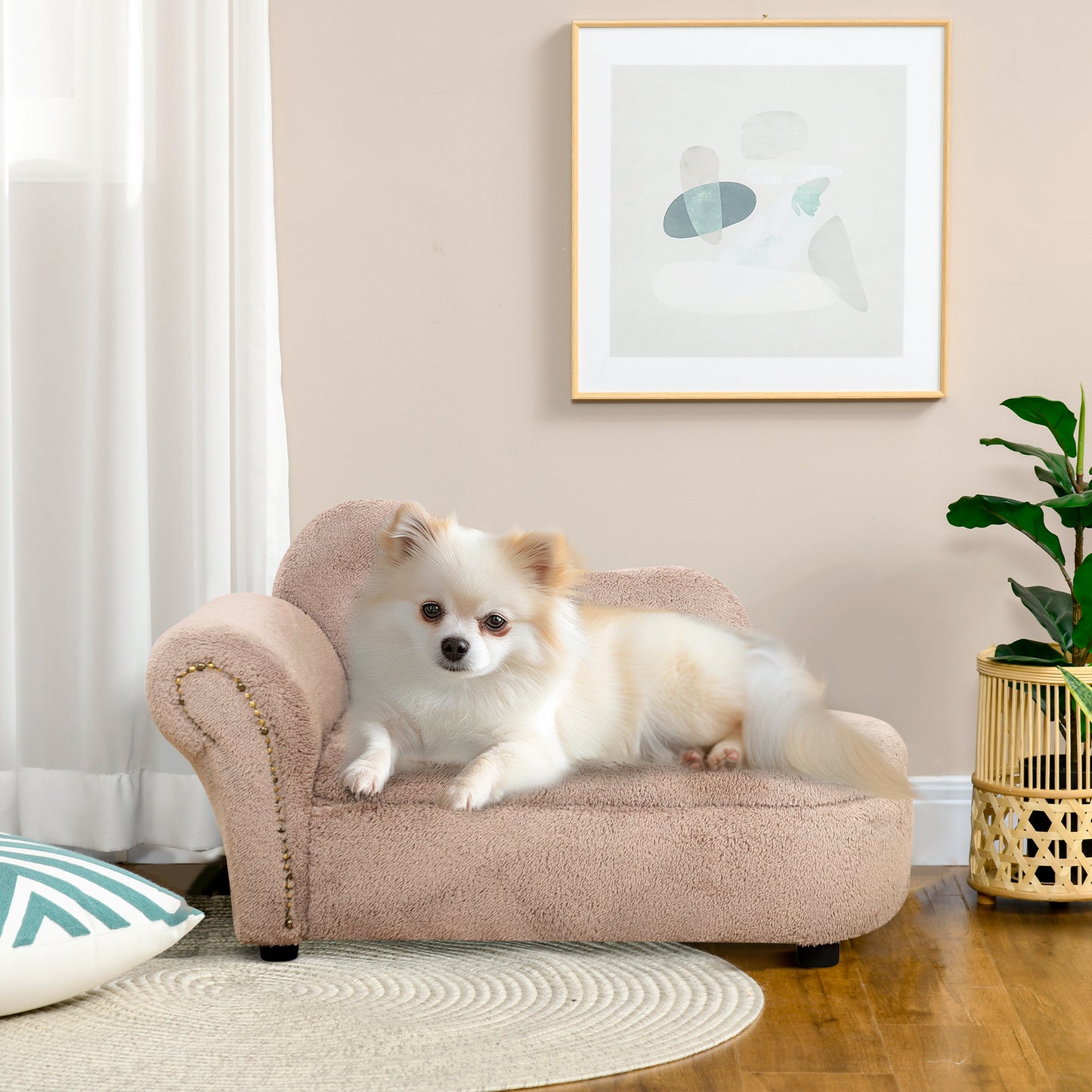 Raised Dog Sofa with Retractable Storage Space, Wood and Velvet Fabric, 80x40x46 cm, Beige