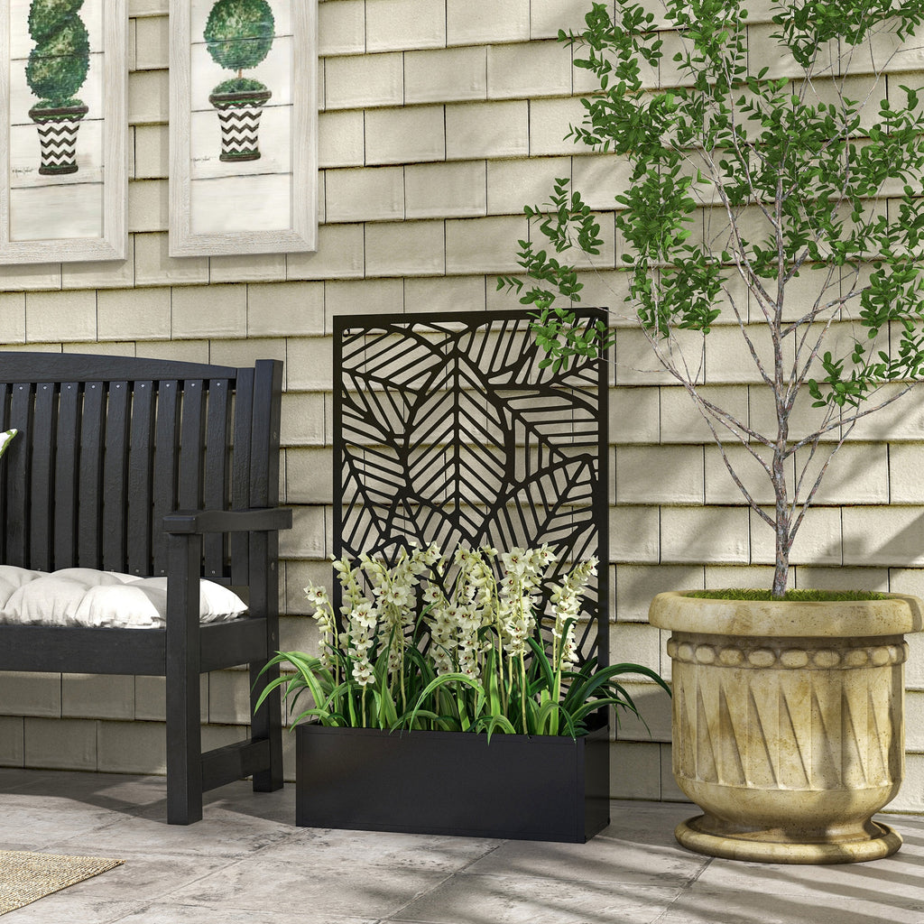 Outsunny Raised Planter with Decorative Trellis for Climbing Plants on the Ground and Wall in Metal, 61x23x113 cm, Black