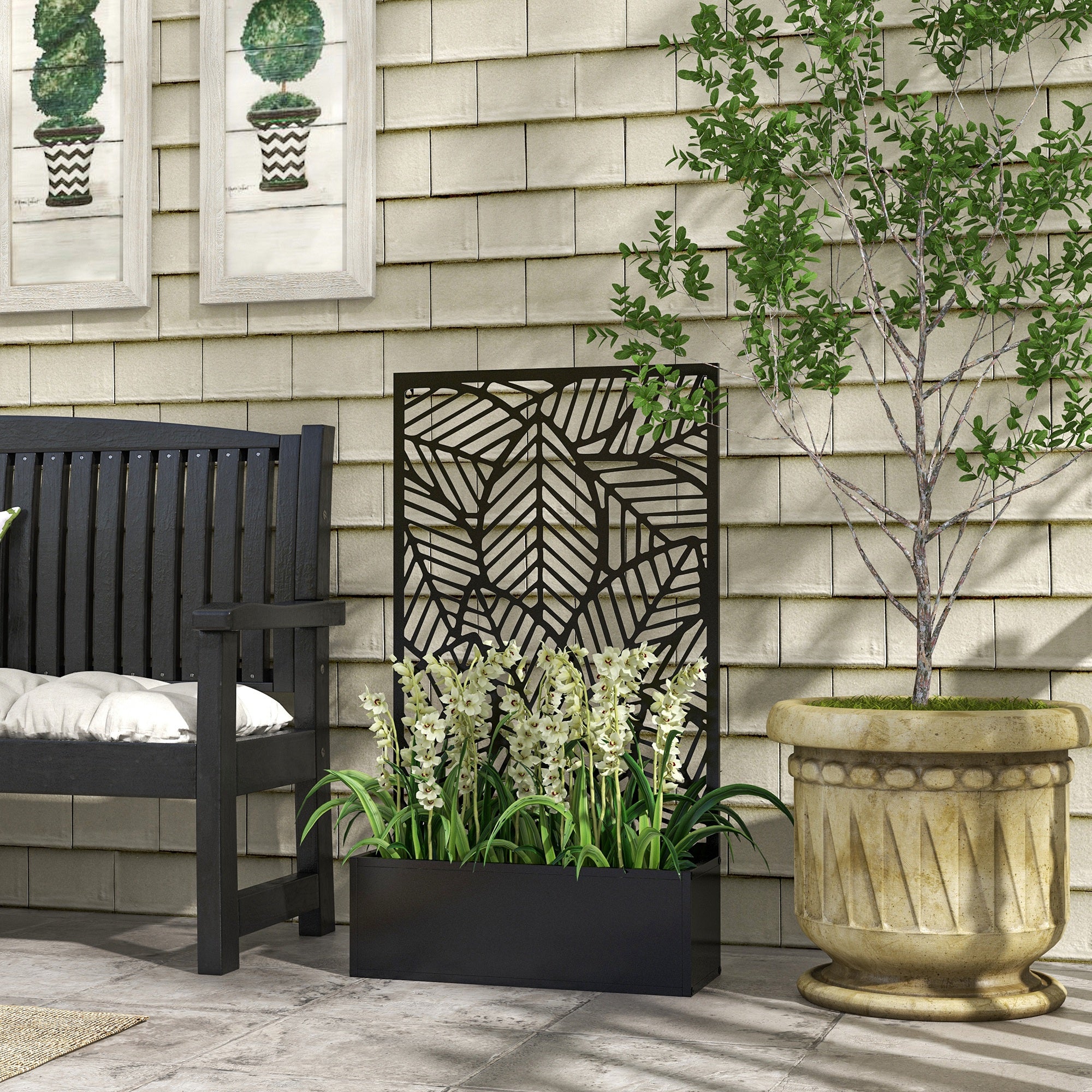 Outsunny Raised Planter with Decorative Trellis for Climbing Plants on the Ground and Wall in Metal, 61x23x113 cm, Black