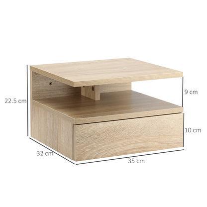 Set of 2 Modern Floating Bedside Tables with Drawer and Wooden Shelf 35x32x22.5cm, Oak