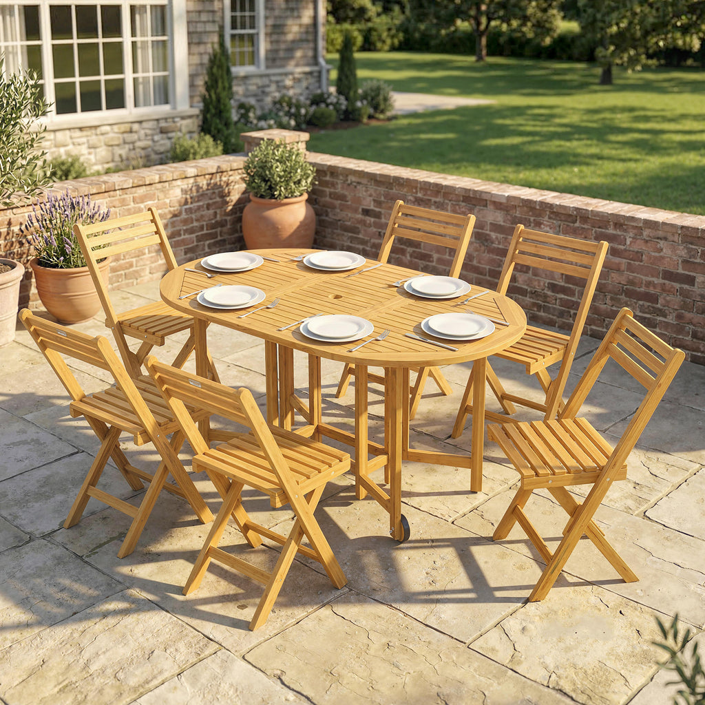 Outsunny 7-Piece Extendable Wooden Dining Set with 6 Folding Chairs for Garden