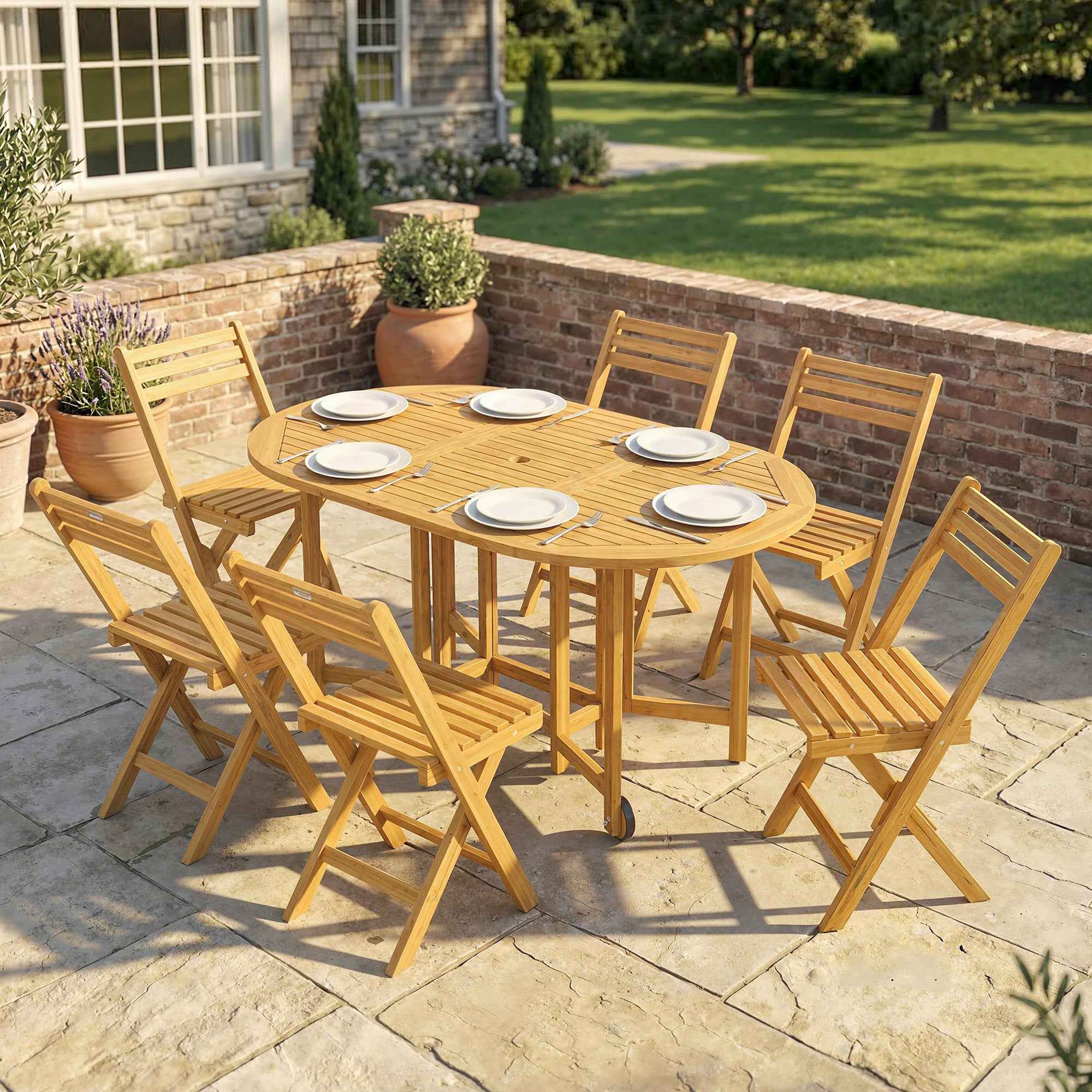Outsunny 7-Piece Extendable Wooden Dining Set with 6 Folding Chairs for Garden