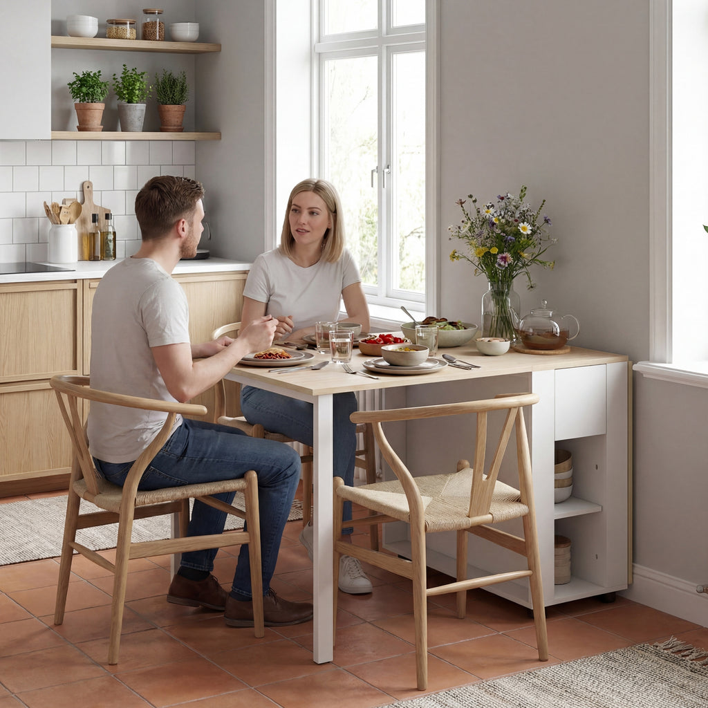 HOMCOM Folding Table for 6 People with 2 Drawers and 4 Shelves.