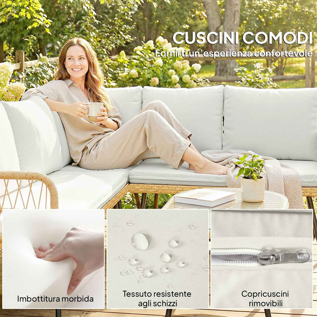 Outsunny 4-Piece Garden Lounge Set with 2 Two-Seater Sofas, Corner Sofa and Coffee Table, Steel and Rattan, Wood and Cream