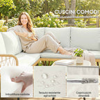 Outsunny 4-Piece Garden Lounge Set with 2 Two-Seater Sofas, Corner Sofa and Coffee Table, Steel and Rattan, Wood and Cream