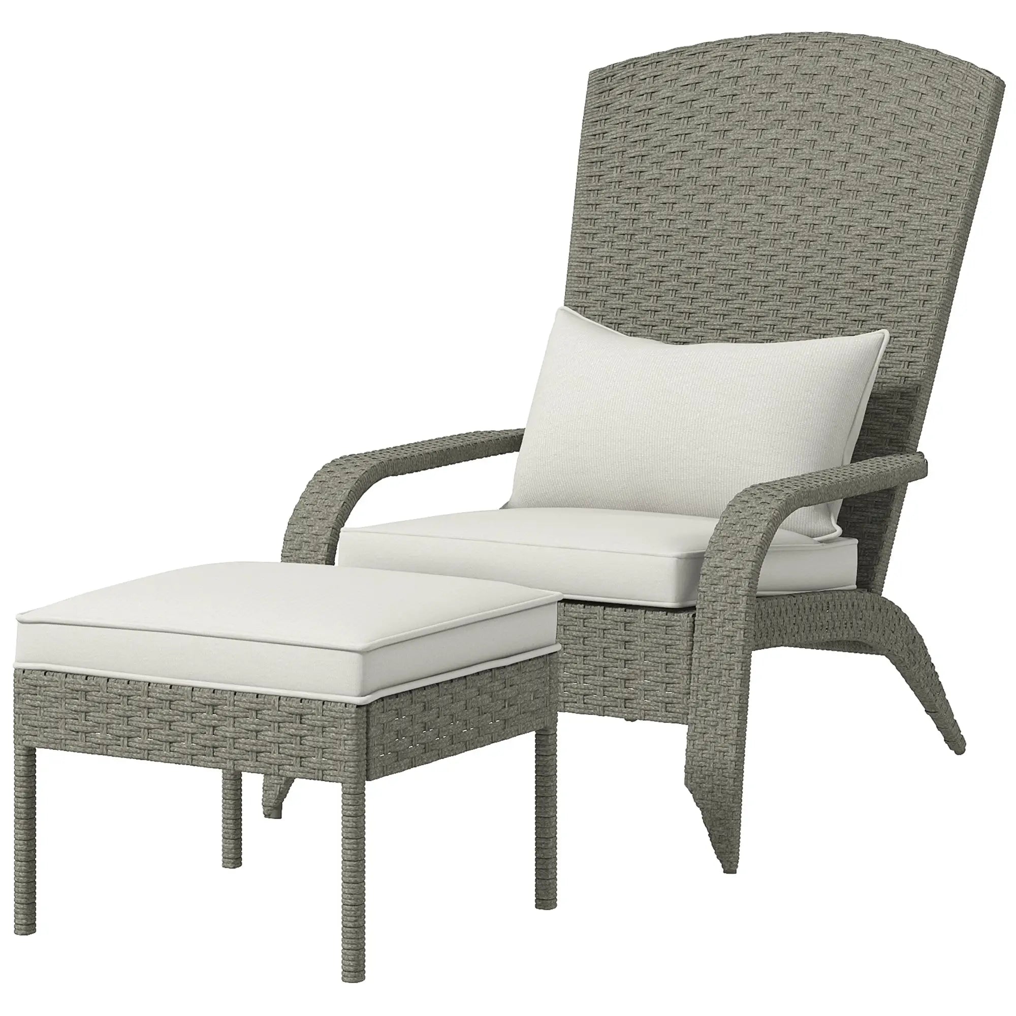 Garden Chair with Footrest and Padded Cushions, in Rattan and Steel, 64x82x89 cm, Grey and Cream