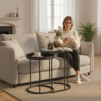 Set of 2 Industrial Style Stackable Coffee Tables, Wood and Metal, Ø42x54 cm and Ø36.5x48.5 cm, Grey and Black