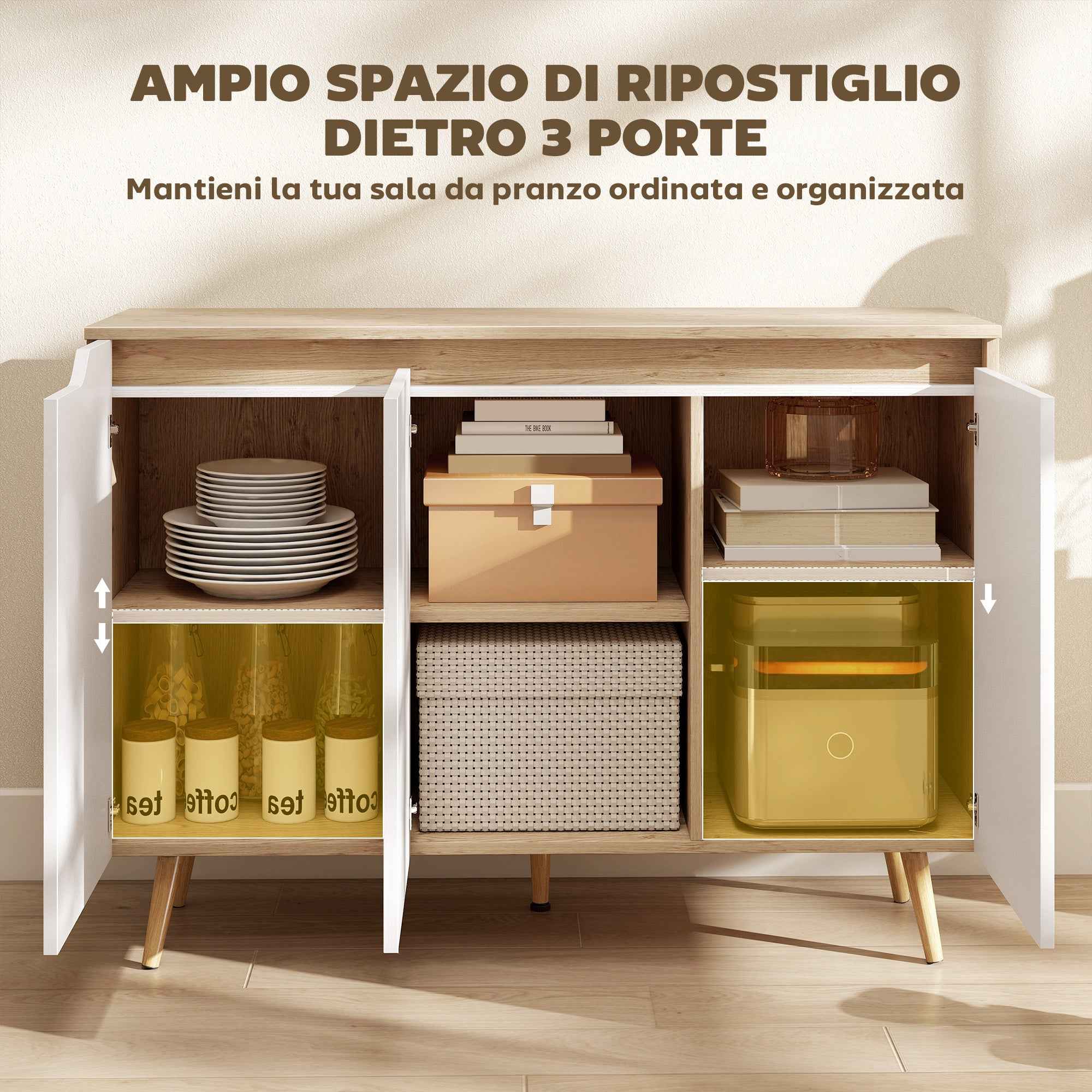 HOMCOM Modern 3-Door Sideboard with 3 Adjustable Shelves and 5 Wooden Legs, 107x35x76.5 cm, White and Oak