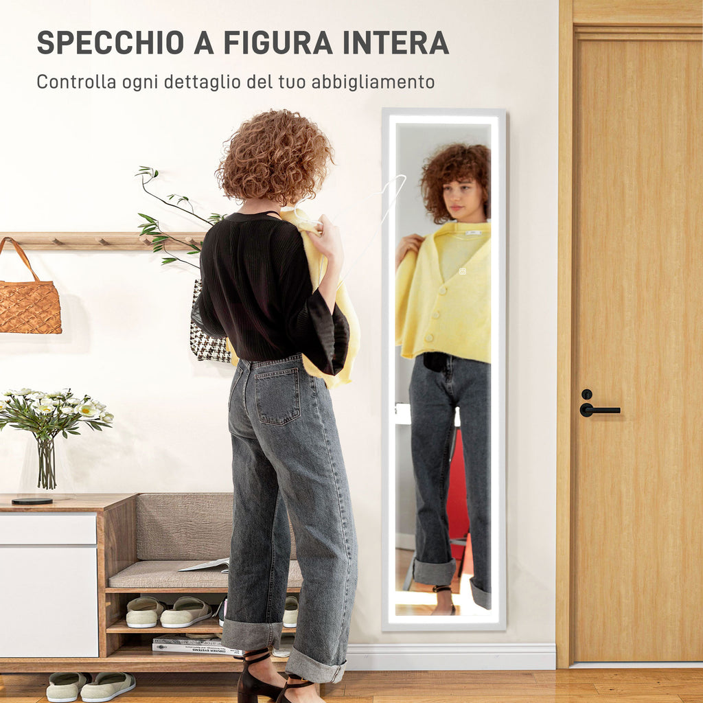 Illuminated Mirror with Adjustable LED Lights and Touch Button, Glass and MDF, 40x5x160 cm, White